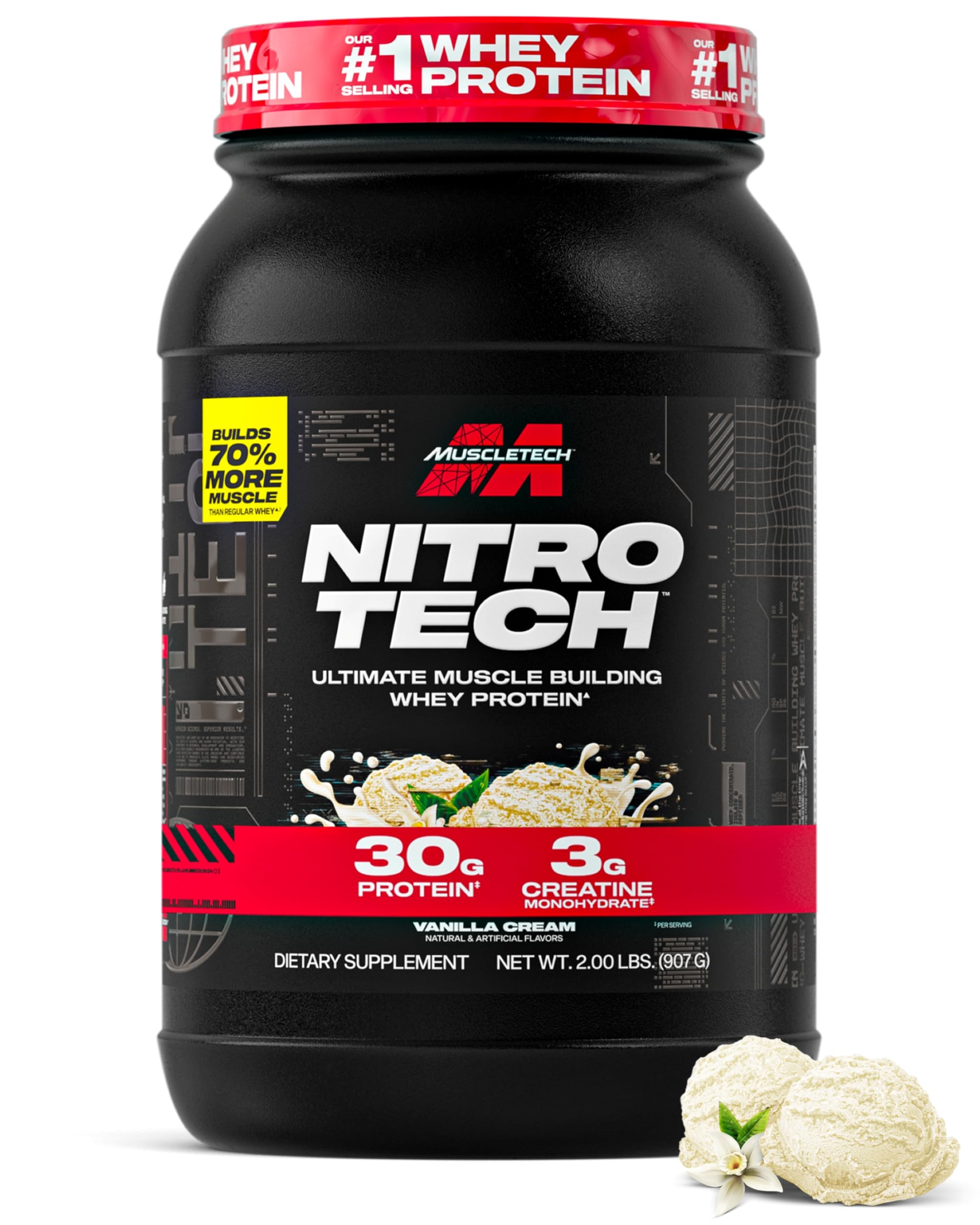 MuscleTech NitroTech Whey Protein Powder, Muscle Maintenance & Growth, Whey Isolate Protein Powder With 3g Creatine, Protein Shake For Men & Women, 6.8g BCAA, 20 Servings, 908g, Vanilla