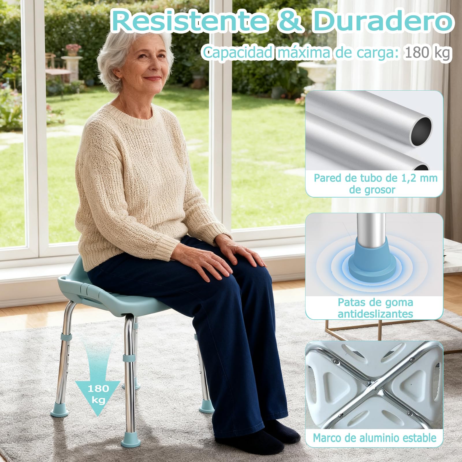 Taburete de Baño para Personas Mayores, Taburete de Ducha de Aluminio Ligero, Altura Ajustable Silla de Ducha con Patas de Antideslizantes, Pequeño Respaldo y Asas Integradas, Carga de 150 kg