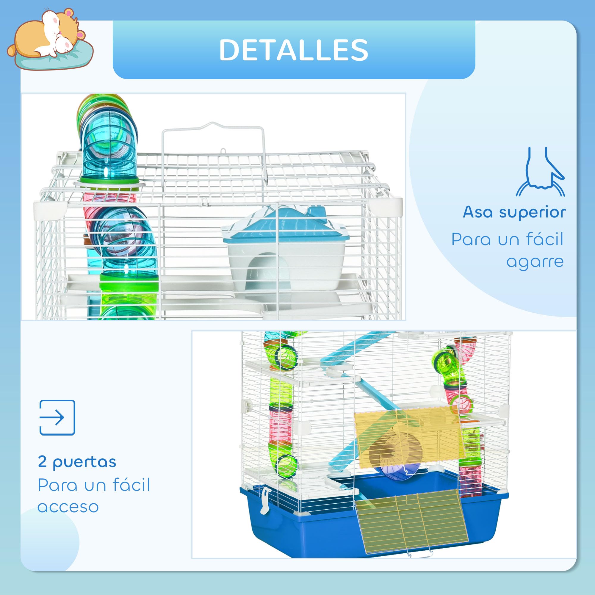 PawHut Jaula para Hámster 59x36x69 cm Casa para Animales Pequeños con Túnel Plataformas Cuenco Bebedero Casita Rampas y Rueda de Ejercicio Azul