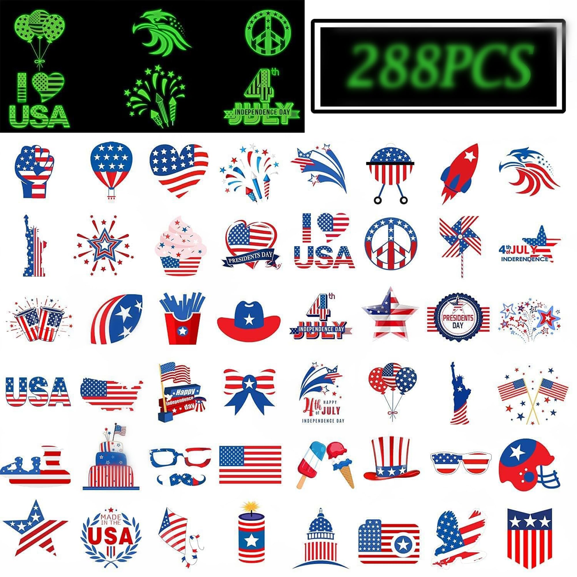 288PCS 4th/Fourth of July Tattoos for Kids, Glow in the Dark Tattoo Patriotic tattoos Patriotic Party Decorations Favors Supplies 48 Designs for