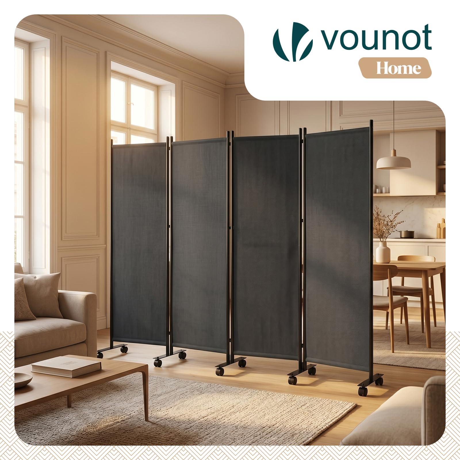 vounot® Paravent Séparateur de Pièce 4 Panneaux avec roulettes Cloison de Séparation Autoportant Pliable Brise Vue pour Plus d’Intimité Salon Chambre Bureau 228 x 30 x 171 cm Anthracite