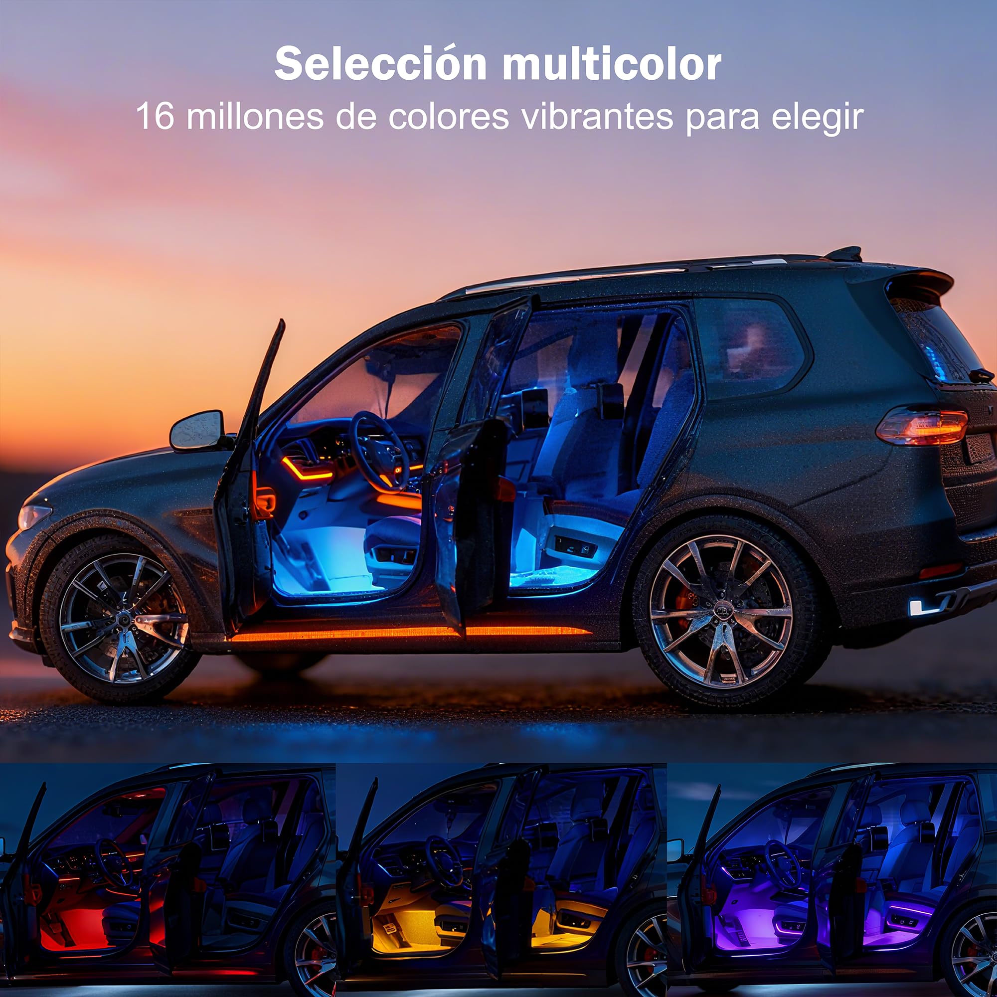 Car Interior LED Lights - 4PCs RGB Strip Lights with Bluetooth APP Control, Music Sync/DIY Mode, USB-Powered Ambient Lighting Kit for Cars, Trucks, SUVs (Universal Fit)