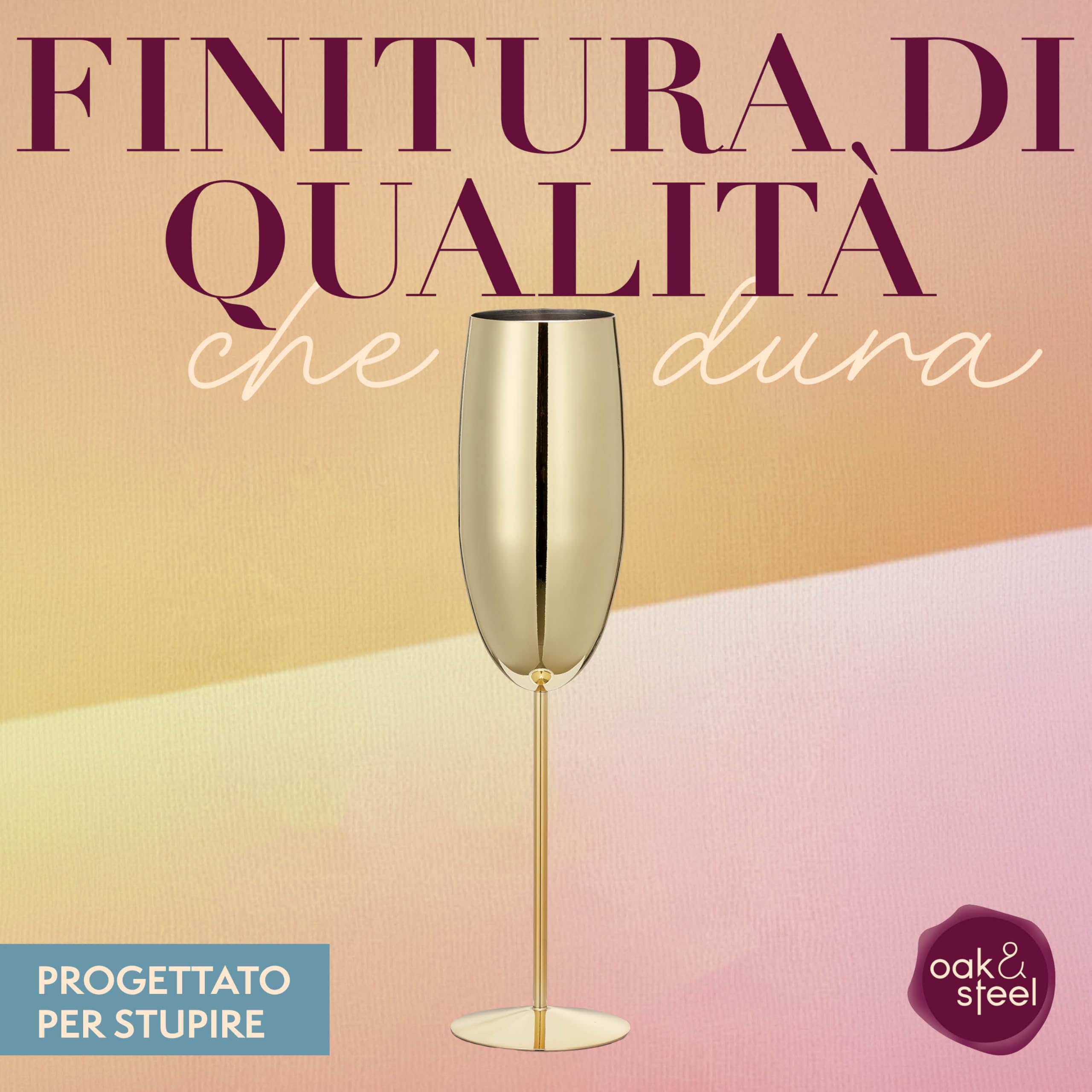 Oak & Steel - 2 Flûtes à Champagne Dorées, 280 ml - Verres à Prosecco en Acier Inoxydable Doré avec Boîte Cadeau