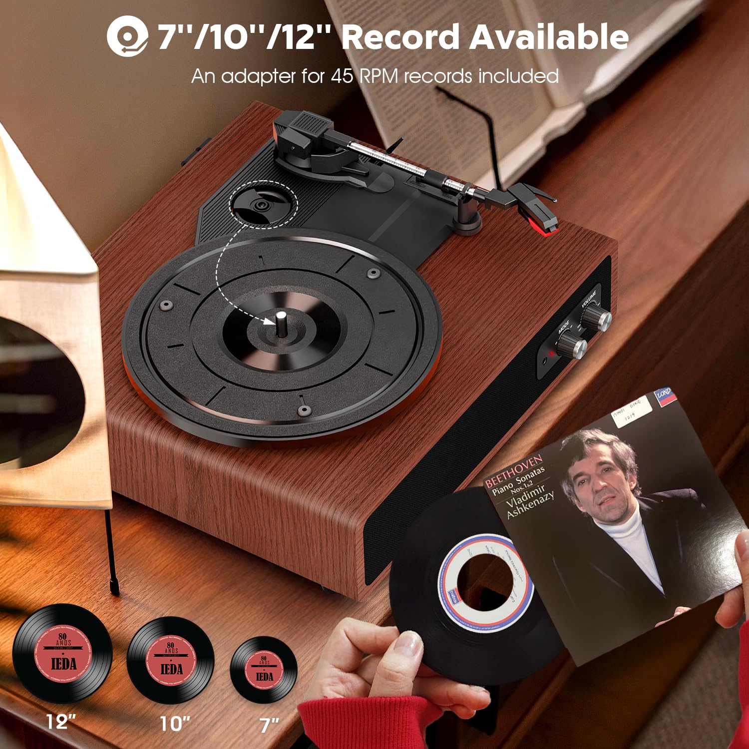 Giradischi Vinili, FYDEE Giradischi Portatile Bluetooth con Altoparlanti Integrati, 3 Velocità (33, 45 e 78 Giri), Trasmissione e Ricezione Bluetooth Lettore Vinile, Supporta RCA, AUX - Marrone Scuro