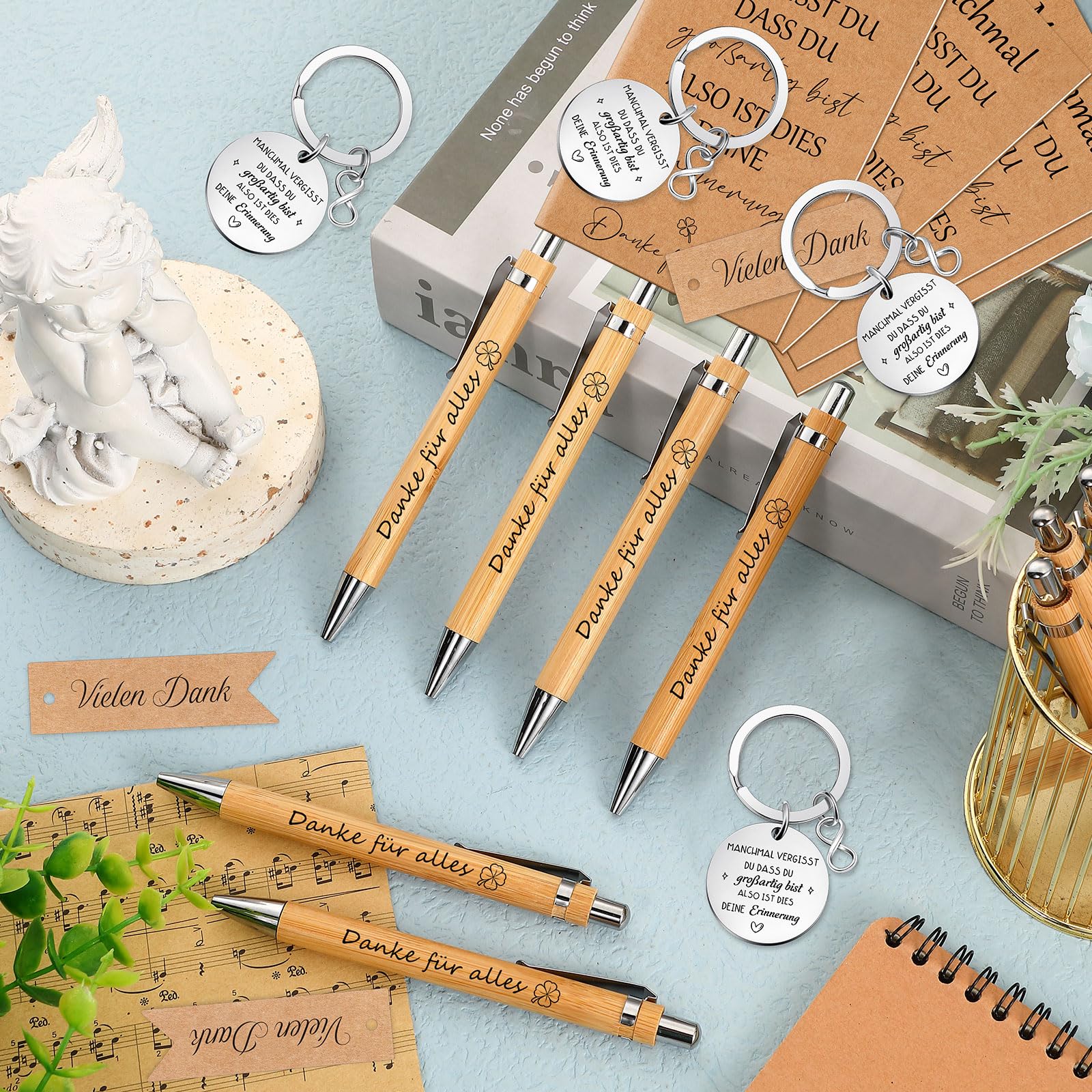Jadive 24 Set Regali di Ringraziamento per i Colleghi Mini Quaderno Penna Danke für Alles Portachiavi Ispiratori Etichette Regalo e Sacchetti di Organza Regalo di Addio per i Dipendenti