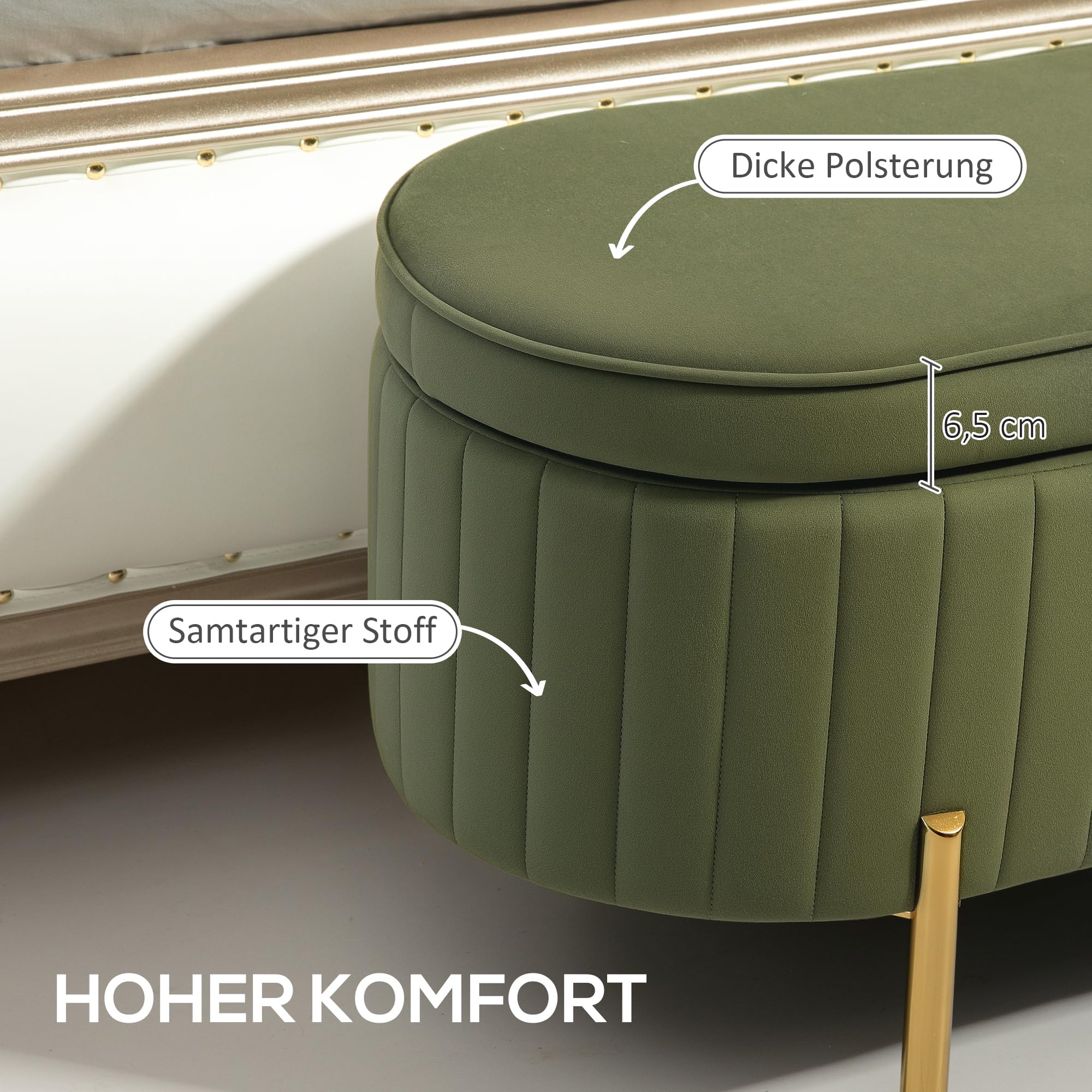 HOMCOM Sitzbank mit Stauraum, Klappdeckel 108 x 44 x 43,5 cm Grün | Polsterbank, Samtoptik, Bettbank Sitztruhe mit Metallbeine, Truhenbank für Flur, Wohnzimmer, Schlafzimmer