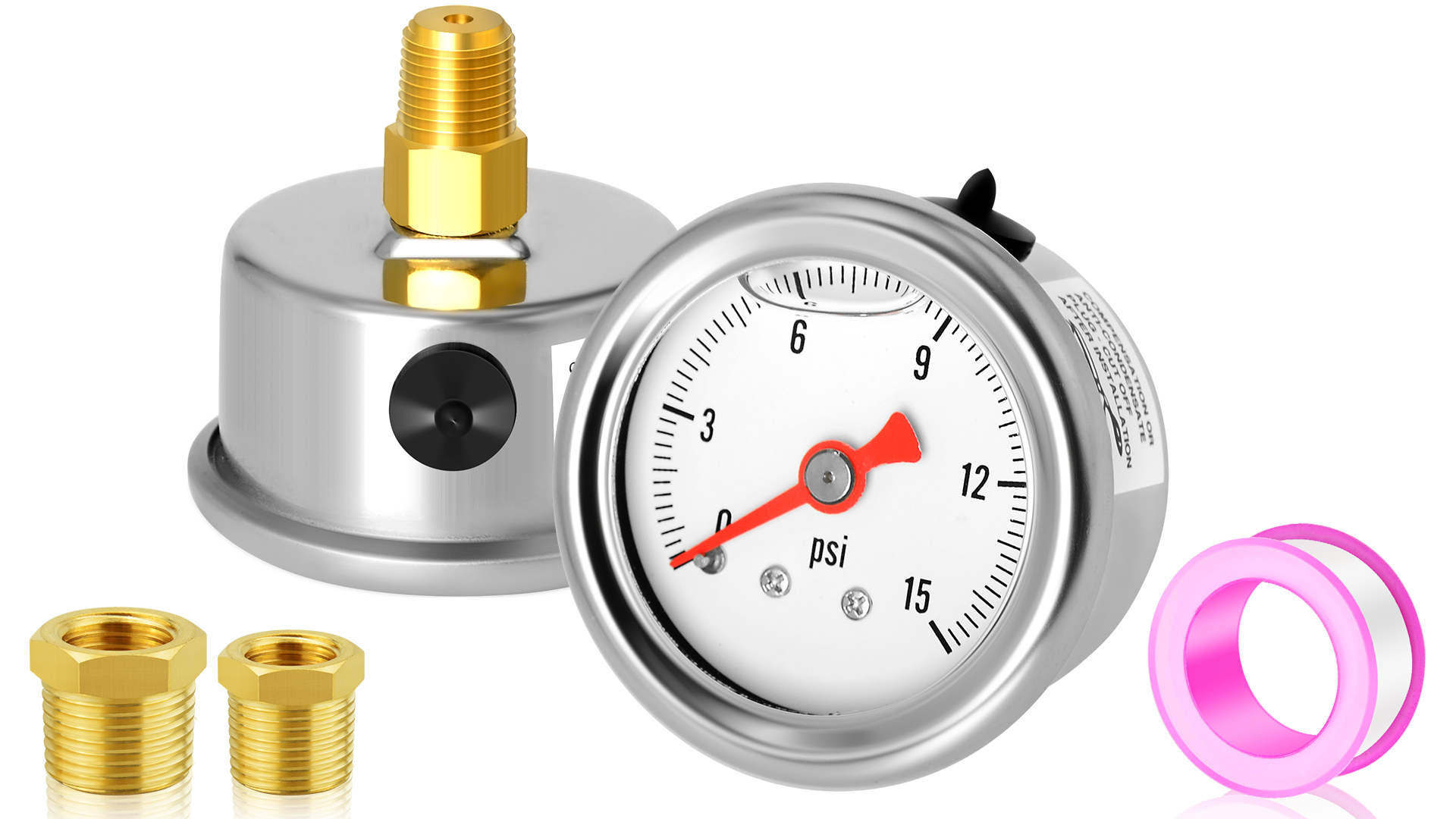 Image of MEANLIN MEASURE 2pcs 0~15Psi Stainless Steel Liquid Filled, 1 /8 inch NPT 1.5 inch Glycerin Filled Pressure Gauge, Water Oil Air, Back Mount with 1 /8 inch x 1 /4 inch NPT and 3 /8 inch NPT Hex Bushing