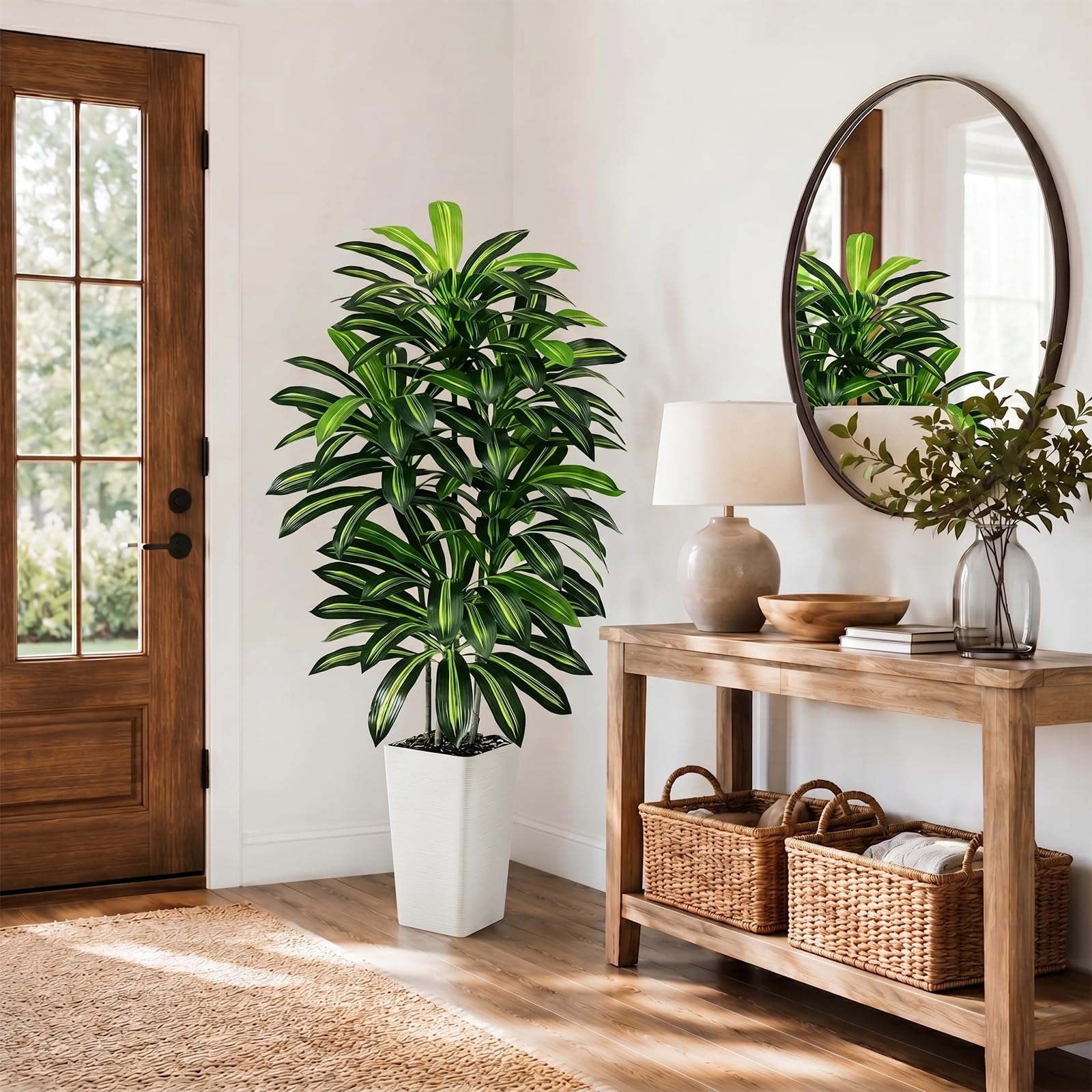 Dracaena Artificiale per Interni 150cm Albero Finto con Fioriera Bianca Alta, Pianta Finta Alta in Vaso, Pianta di Seta Artificiale per la Decorazione Della Casa, Ufficio, Soggiorno, Veranda, Patio