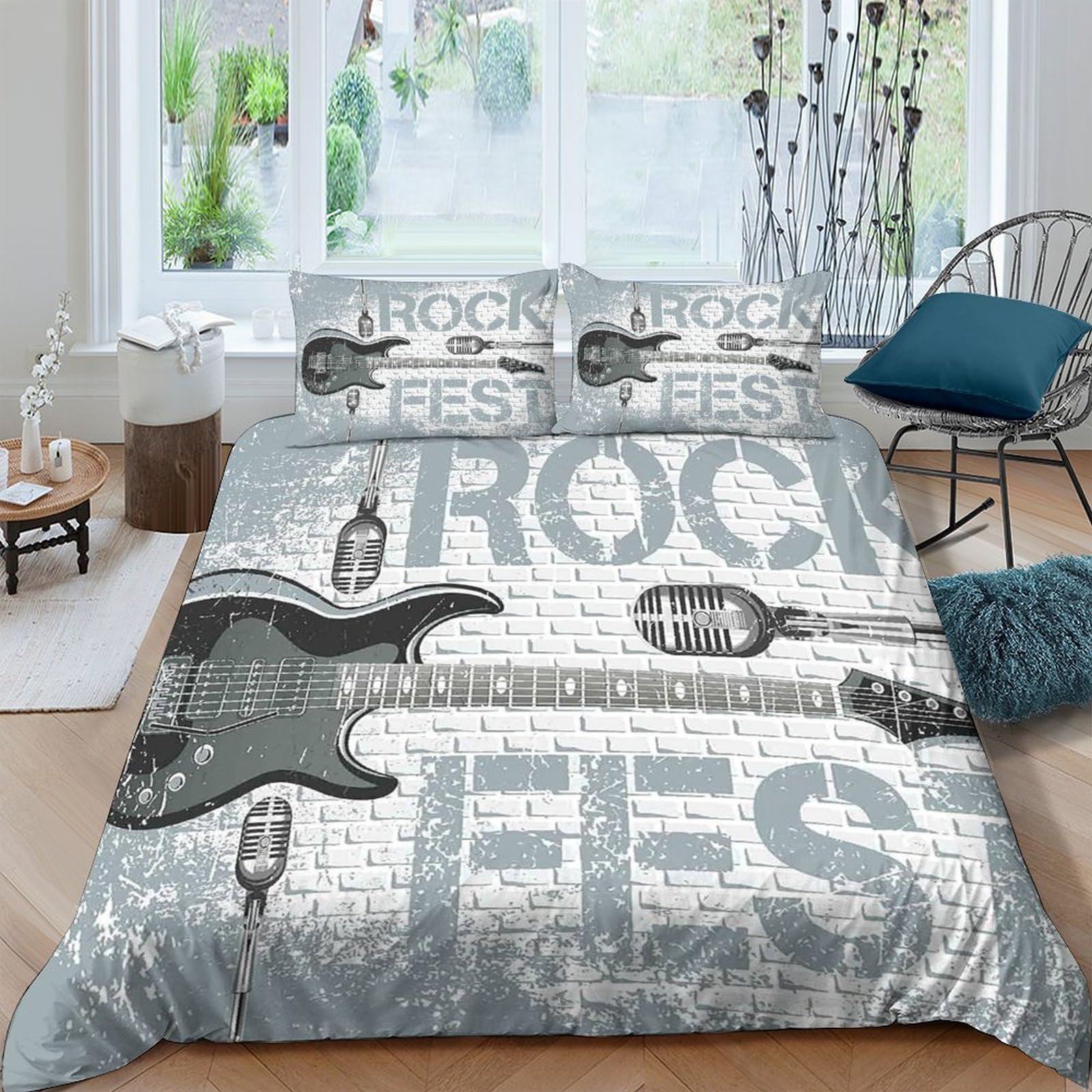 musica rock per chitarra 3D Stampa Coperta Letto 3pz Microfibra Facile Cura manifesto d'epoca Coperteletto 2 federe Zip nascosta Coppie Famiglia Super king（260x220cm）