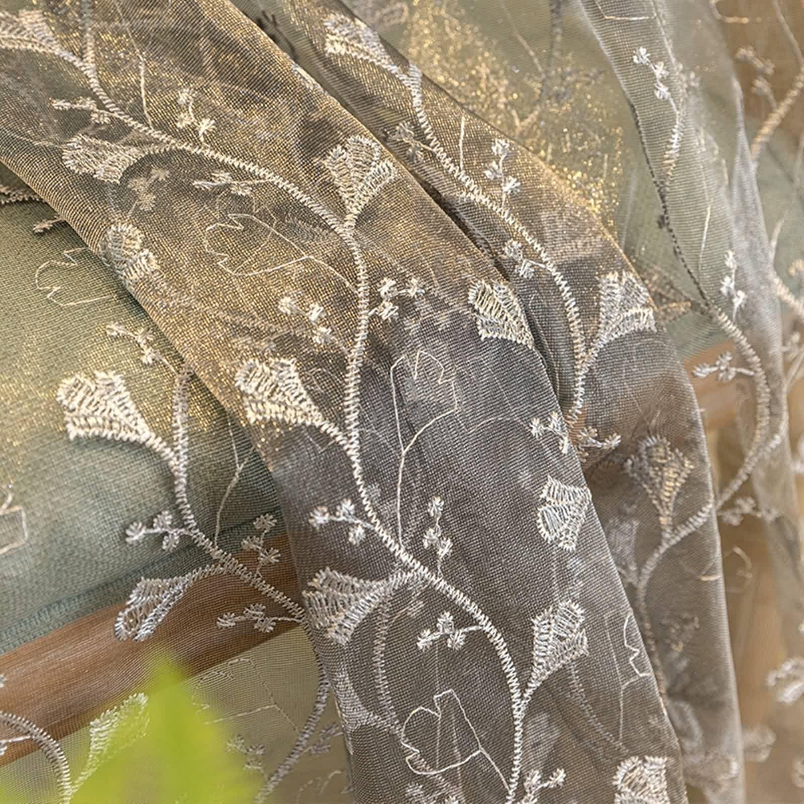 Graue Vorhänge, Küchenvorhang Fenster Modern mit Blumenranken Bestickt Polyester Gardinen Dekorativ für Home 2er Set 107x138cm BxH