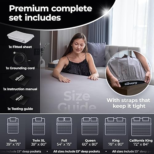 Miniatura 6 de Silvery Sábanas de cama con infusión de plata  Sábana bajera ajustable de tierra suave y sedosa con cable de conexión a tierra y guía  90% lyocell