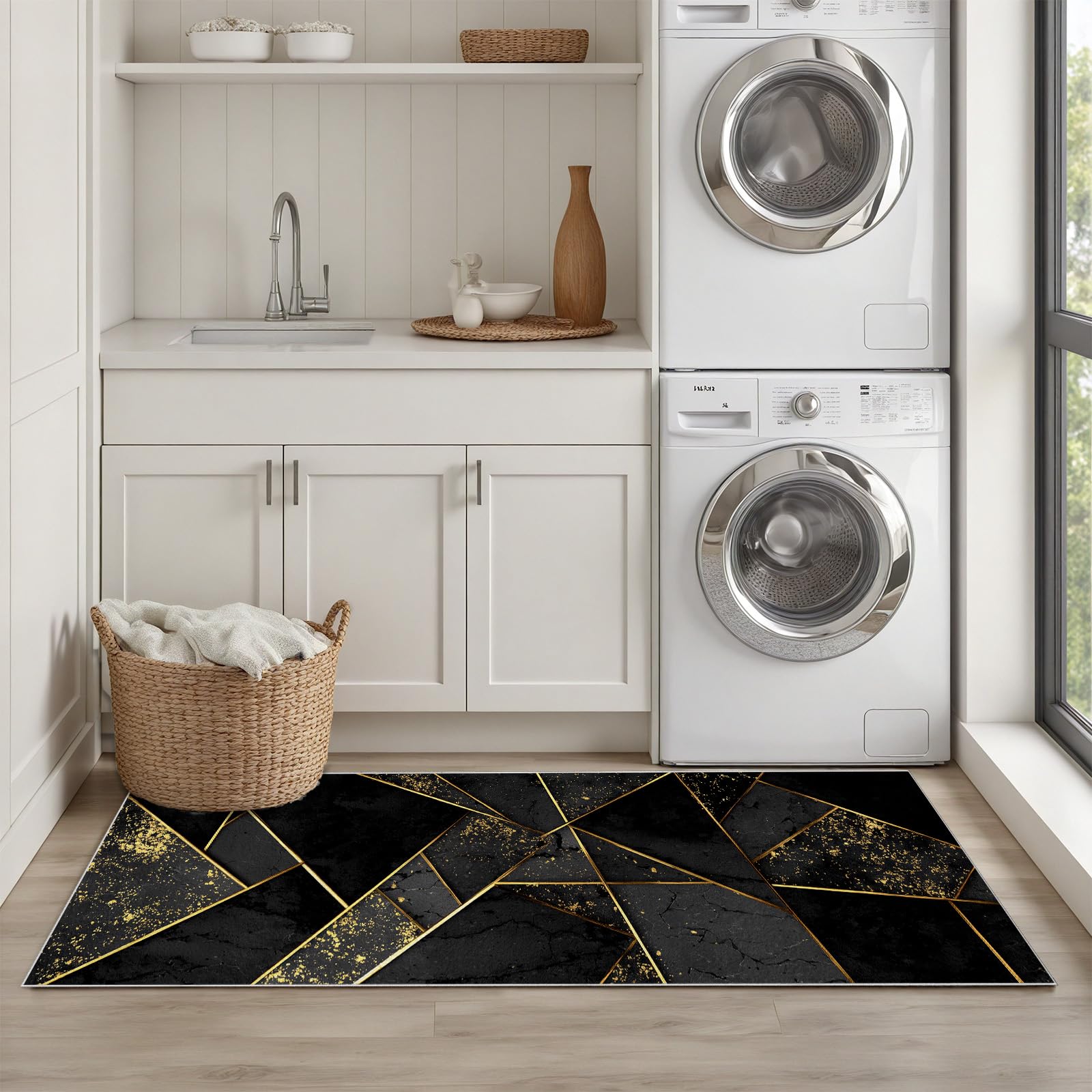 Luxuriöse Geometrie Linien Aus Blattgold Waschbarer Teppich 60x240 cm Teppichläufer Läufer Flur Rutschfest für Schlafzimmer Teppich Geometrie Muster Schwarz Gold Extra Dünn Teppisch Flurläufer