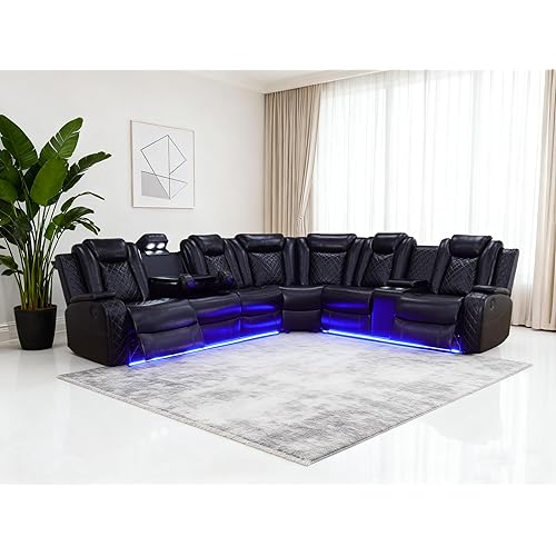 Power Leather Recliner Sectional Sofa with LED Lights,L Shaped Reclining Sectional Sofa, Modular Leather Couch with Coffee Table/Hidden Storage for Living Room(Black,6 Seater)