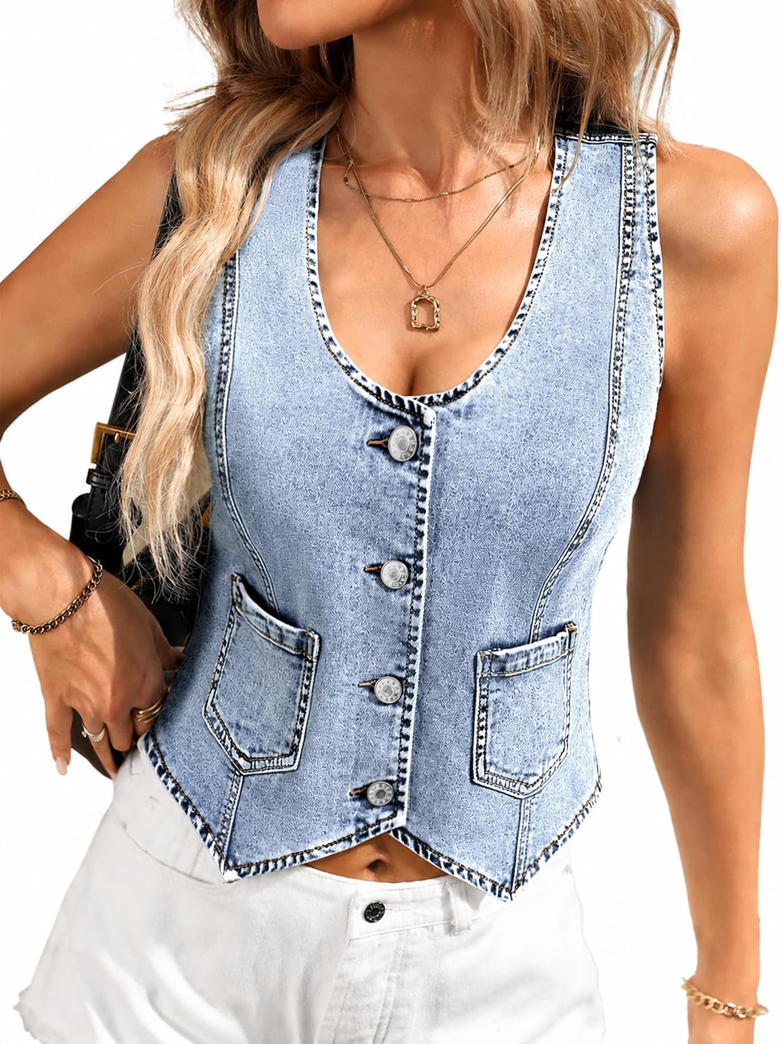 ELLEVEN Denim Vest for Women,High Stretch V-Neck Western Country Style Sleeveless Jean Top Vest with Functional Pockets