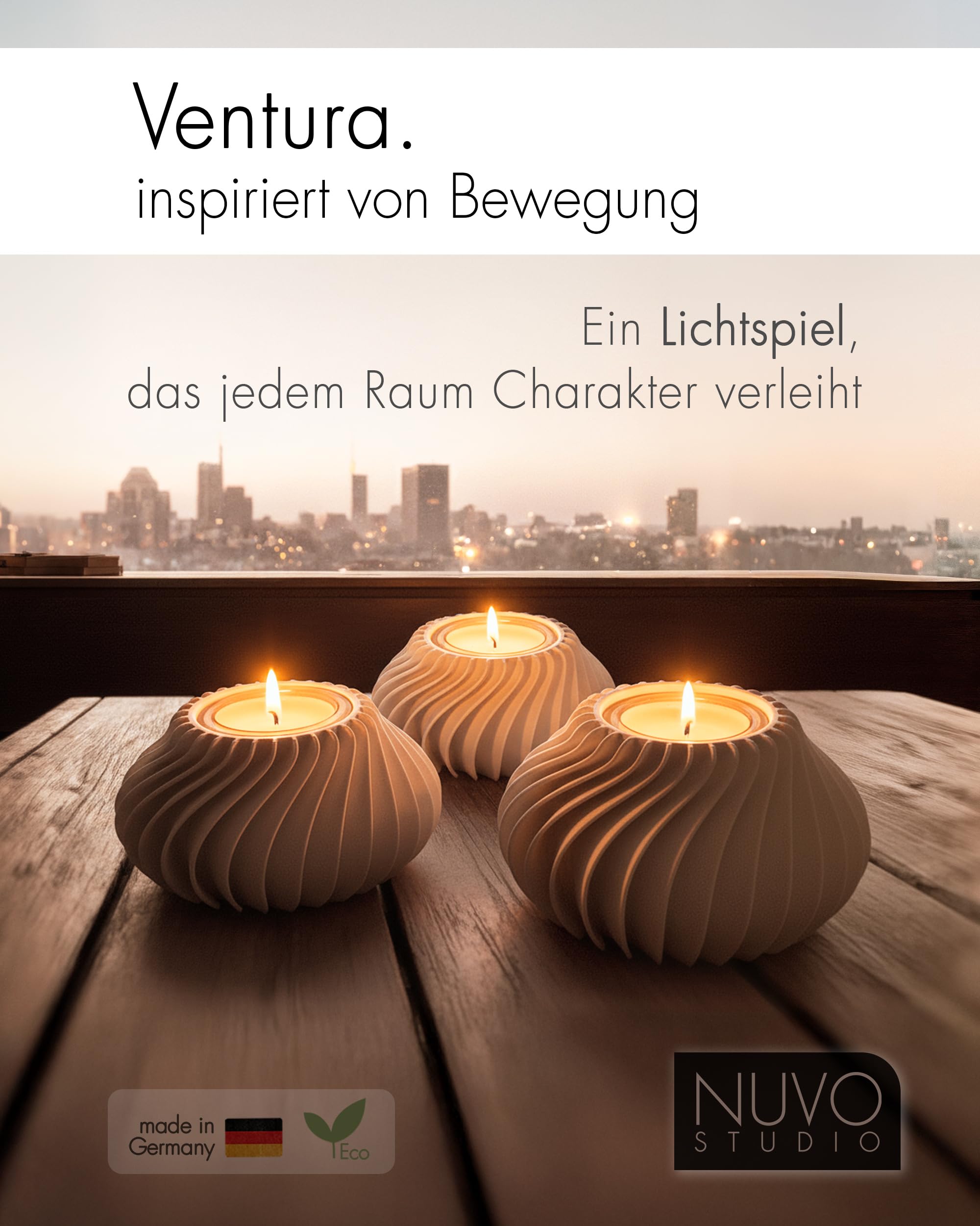 Teelichthalter 3er-Set „Ventura“ – Modern skandinavisches Design für Teelichter & Deko – Nachhaltig & 3D-gedruckt in Deutschland – Perfekte Geschenkidee (Soft White S+M+L)