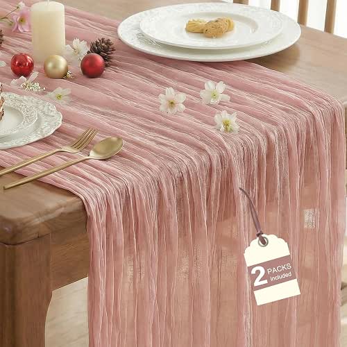 IVAPUPU 2 Pcs Cheesecloth Table Runner - 10ft Dusty Pink