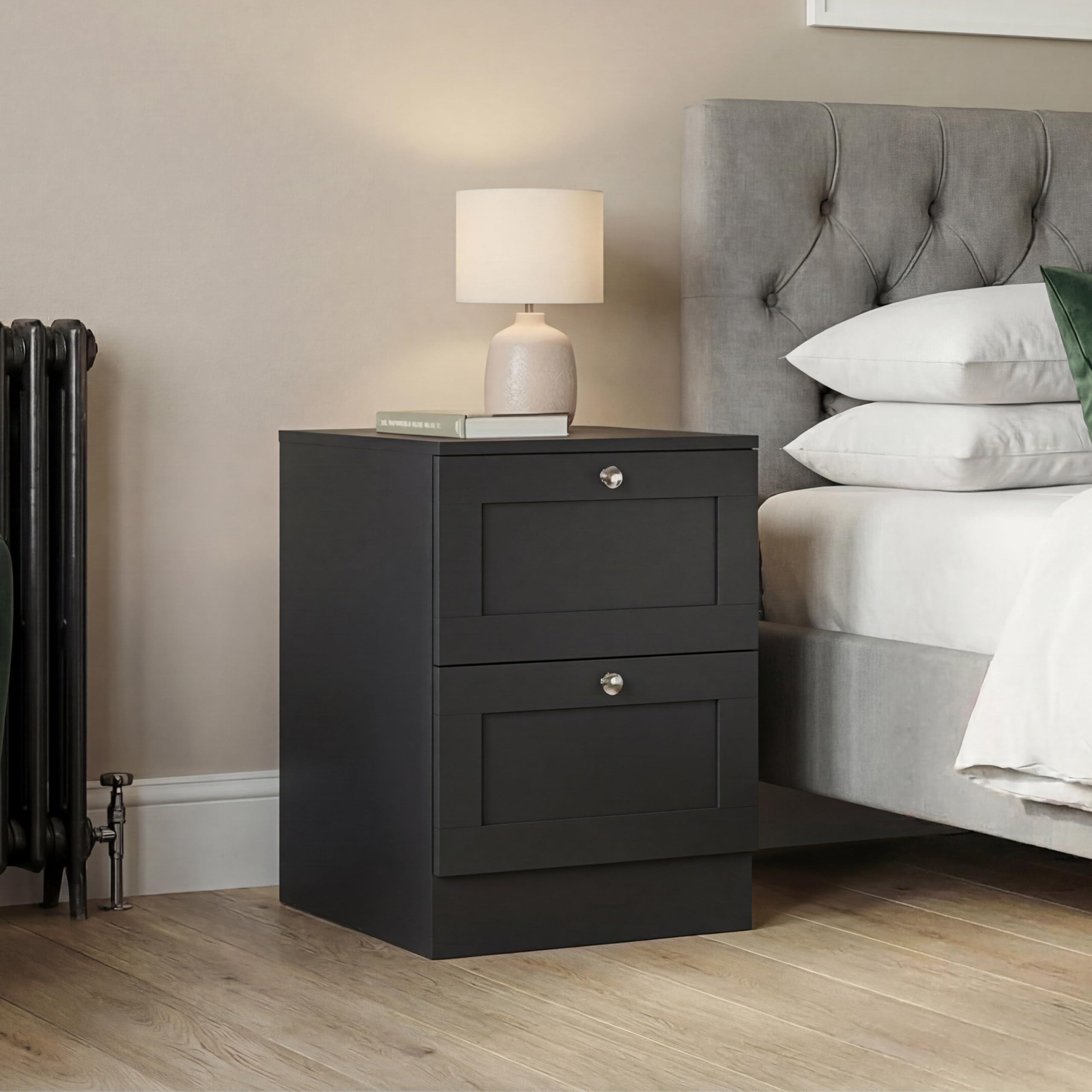 Vida Designs Altino 2 Drawer Bedside | Black | 53H x 40W x 36D cm | Compact Space-Saving Nightstand | Engineered Wood | Smooth Glide Drawer | Modern Shaker Style | Ideal for Bedroom, Guest Room