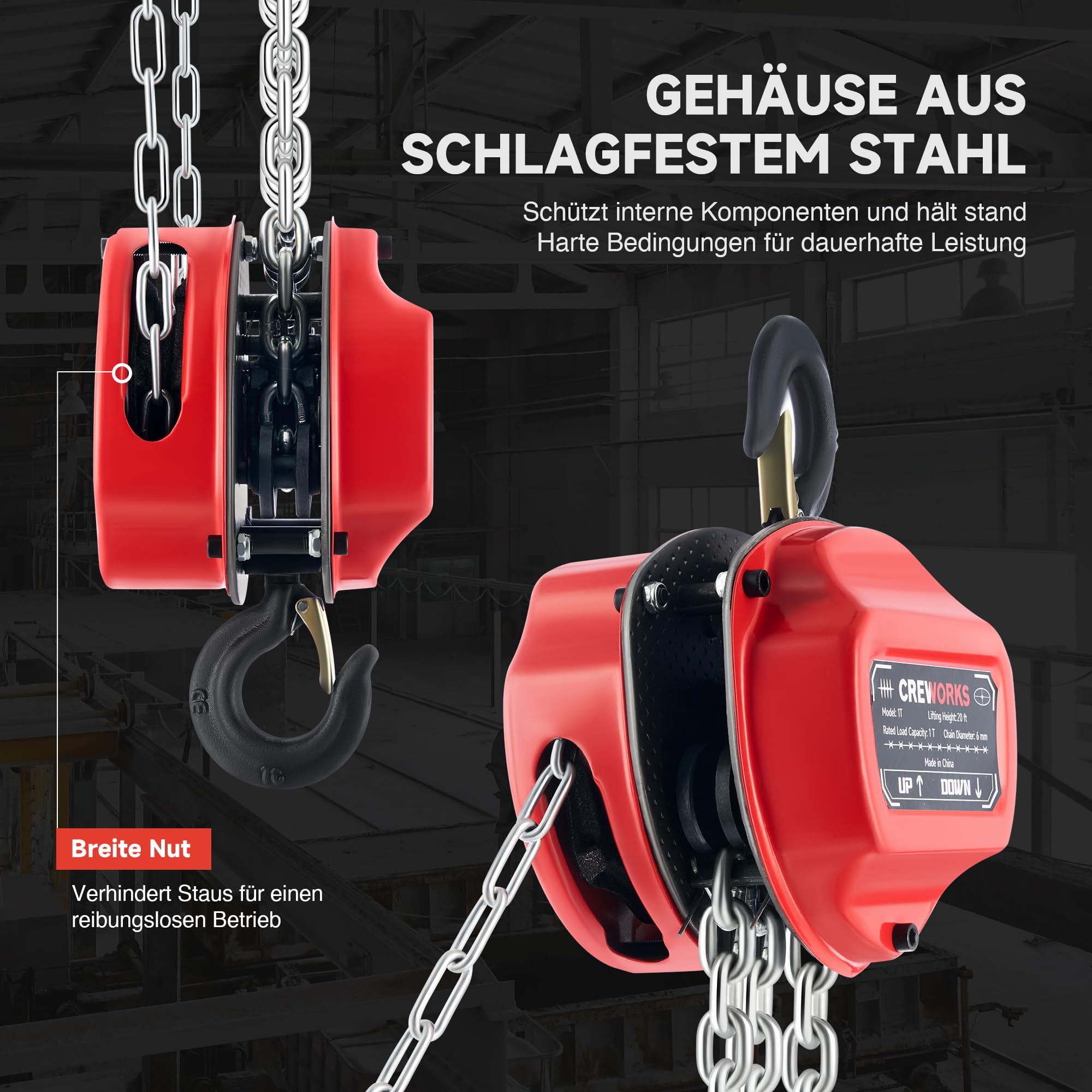CREWORKS 1T Kettenzug Handseilwinde 6m Hubhöhe 1000kg Tragkraft G80-Lastkette Hebelzug Ratschenzug