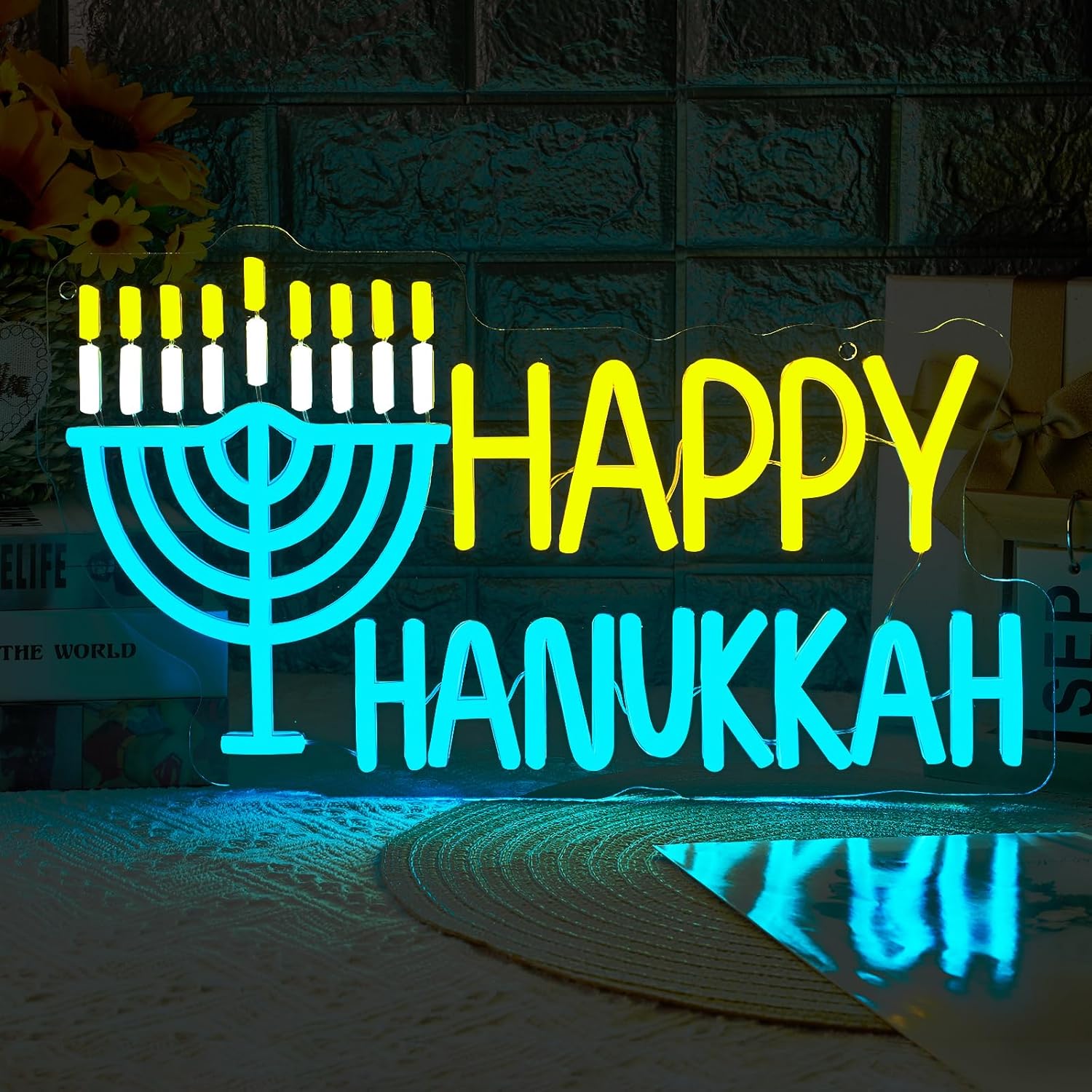 Happy Hanukkah Neon Sign Hanukkah Decorations for Home Chanukah Menorah LED Neon Light for Chanukah Party Jerusalem Wall Window Room Bedroom Decor Jewish Menorah Holiday Gifts