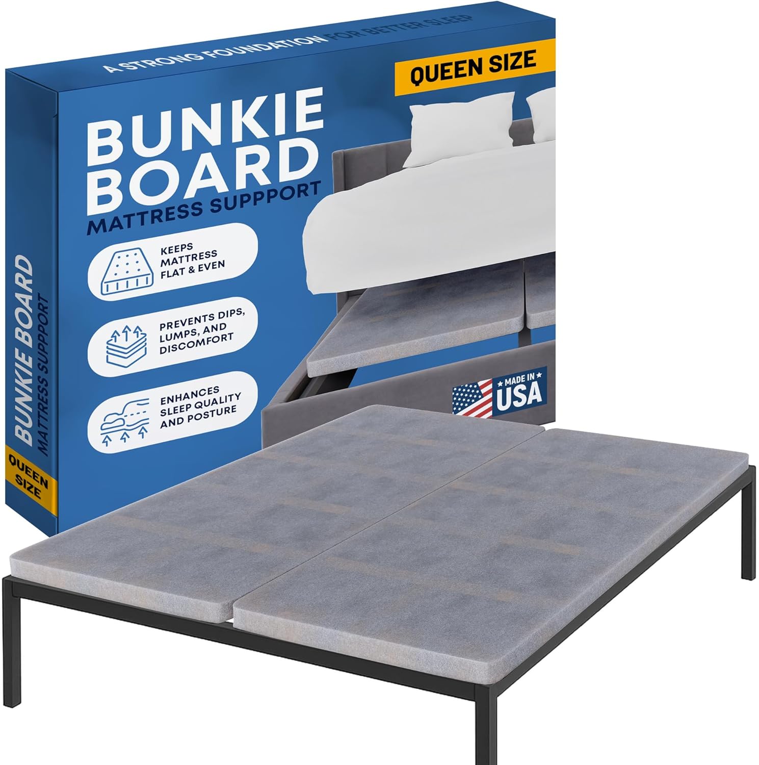 Greaton, Premium 38mm Split Wood Bunkie Board Queen Size Bed - 2-Piece Under Mattress Support Board, Fully Assembled, Fabric Ventilation Cover - Replaces Wooden Slats or Box Spring for Bed Frames