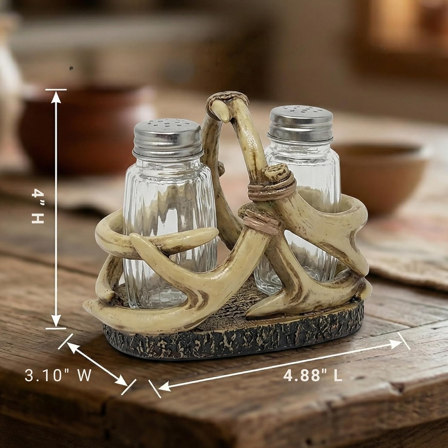 Antler Salt and Pepper Shakers Set with Holder, Faux Antler Resin Stand with Glass Bottles, Rustic Kitchen Decor, Deer Antler Table Centerpiece for Dining Countertop, Lodge Cabin Kitchen Gift Set