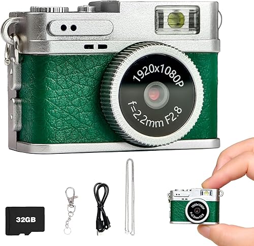 Miniatura 11 de Mini cámara con llavero, pequeño broche retro, cámara digital pequeña de 1080P con tarjeta de 32 GB, grabadora de video de bolsillo nostalgia Negro