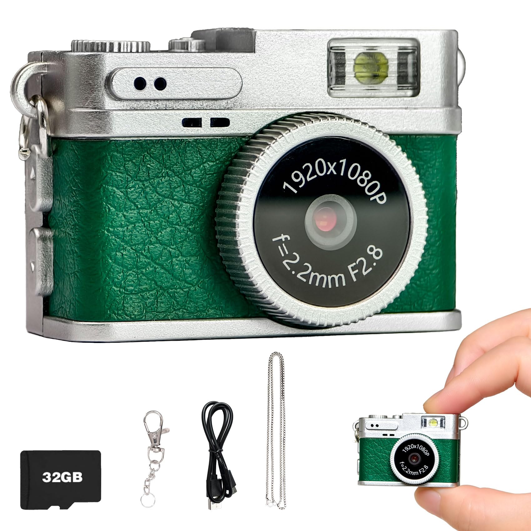 Mini Keychain Camera, Digital Camera, Vintage Portable Mini Retro Camera, 1080P Video Vlogging Camera with 32 GB Card for Beginners Teens Adults Kids (Green)-image-16
