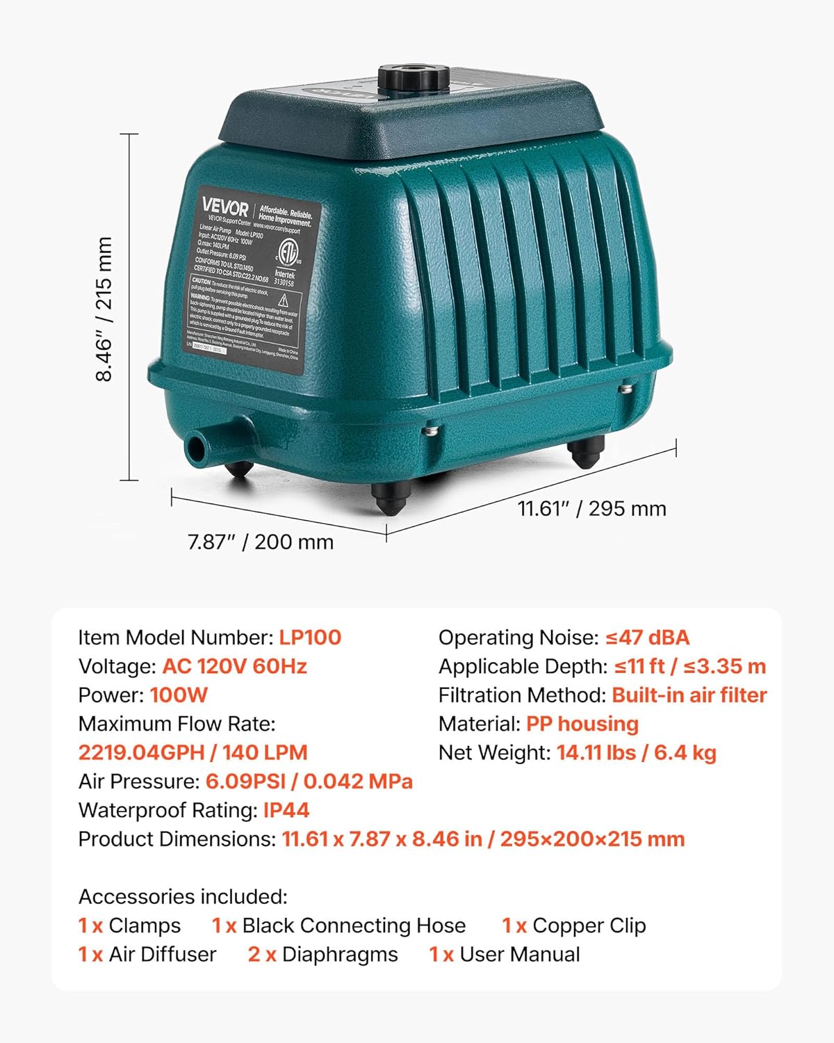 VEVOR Commercial Linear Air Pump 2219 GPH | High Output Aerator for Septic Tanks, Large Pond Aeration, Wastewater Treatment Systems | Up to 11ft Deep for Fish Farms, Hydroponics, Restaurants