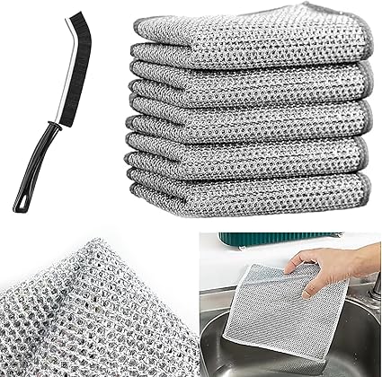 QOKZEK Non-Scratch Wire Dishcloth & Gaps Cleaning Brush, Wet and Dry Stainless Steel Scrubber for Washing Dishes Sinks Counters | Easy Rinsing, Reusable, Wire Cleaning Cloth for Kitchen (3)