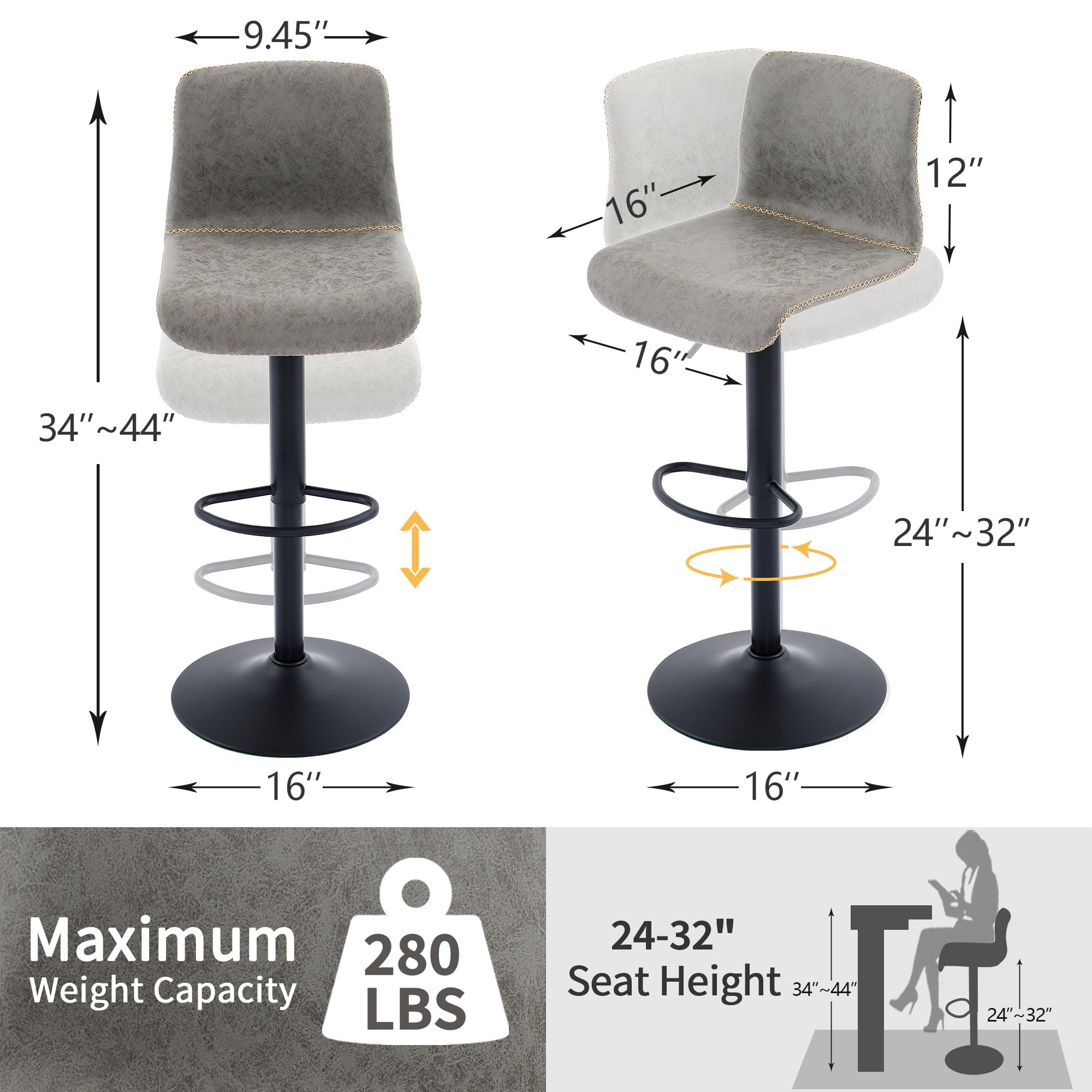 HeuGah Bar Stools Set of 3, Swivel Counter Height Barstools with Back, Adjustable Height 24