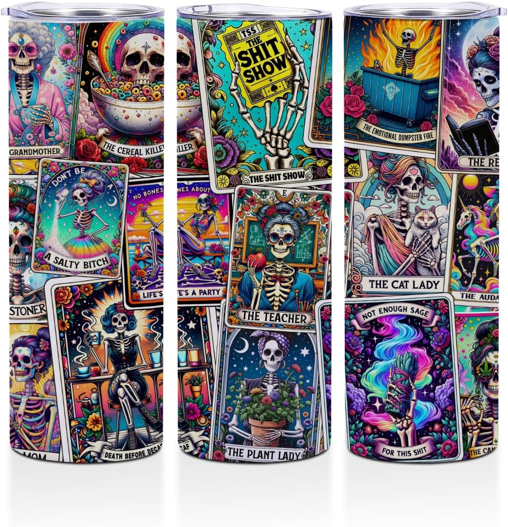 Funny Gifts 20 oz Skinny Tumbler Stainless Steel Slim Insulated Tumblers Straight Water Bottle Coffee Mug Thermal Travel Cup with Lid, Birthday Witchy Gifts for Women, Sarcastic Skeleton Tarot Cards