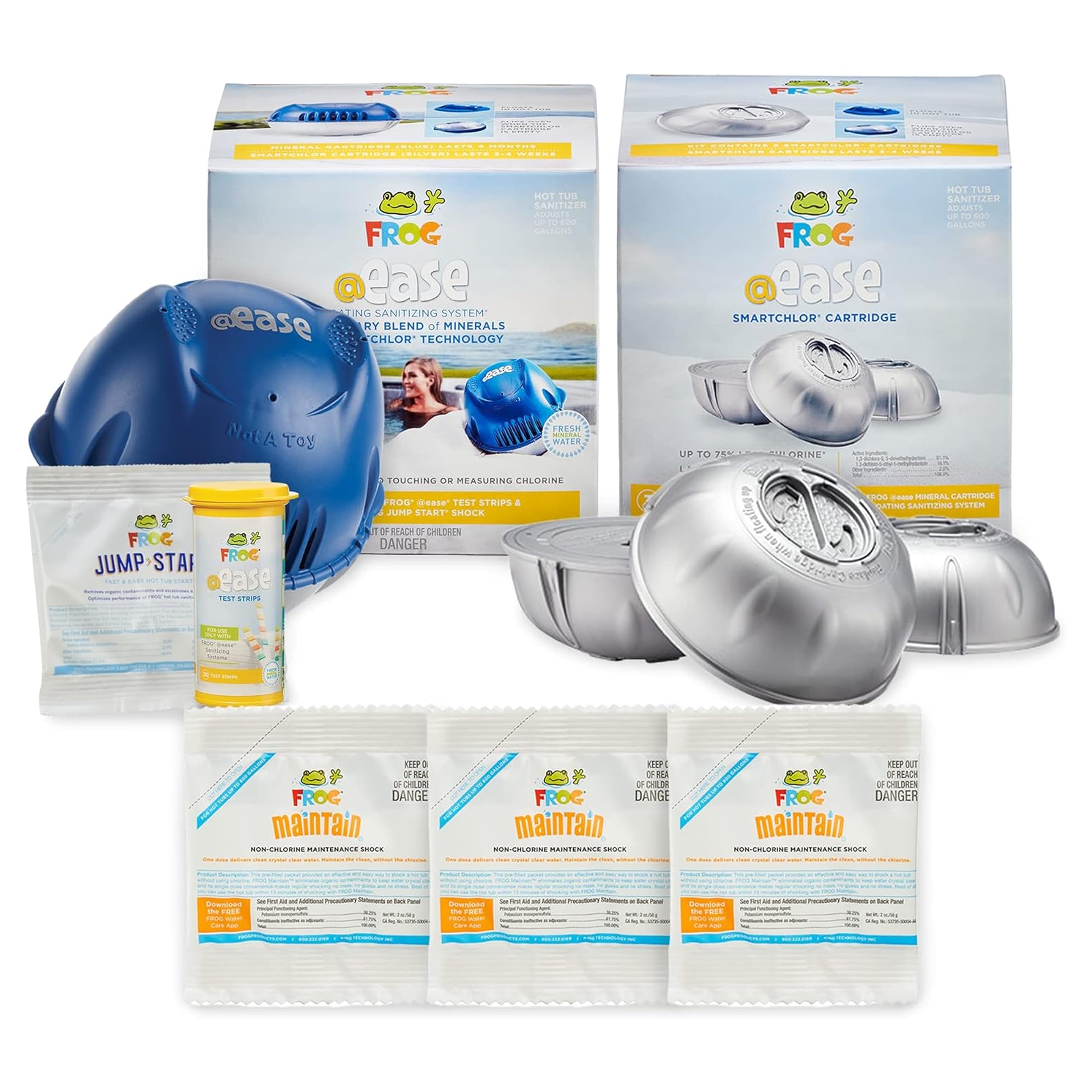 FROG® @Ease® Floating System + 3 Pack of SmartChlor® Replacements + 3 FROG Maintain® Non-Chlorine Shock Treatments for Hot Tubs