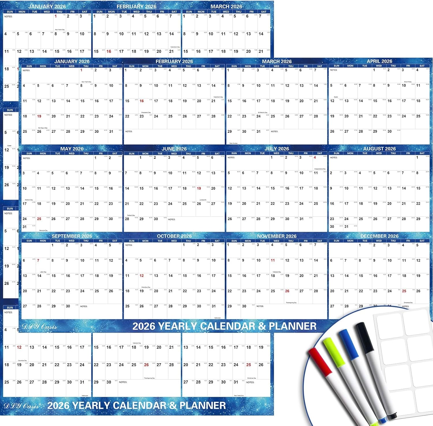 24" x 36" 2026 Wall Calendar Dry Erase - Large Starry Sky Wall Calendar Wet & Dry Erasable Laminated 12 Month Annual Yearly Planner, Reversible, Horizontal/Vertical, Blue 2026 Blue Wall Calendar
