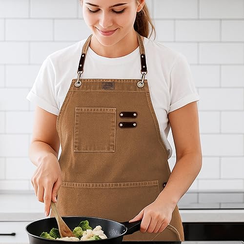 Miniatura 9 de LEATHER VILLAGE Delantales de chef para hombres y mujeres con bolsillos grandes, delantal de trabajo ajustable de lona de algodón con espalda