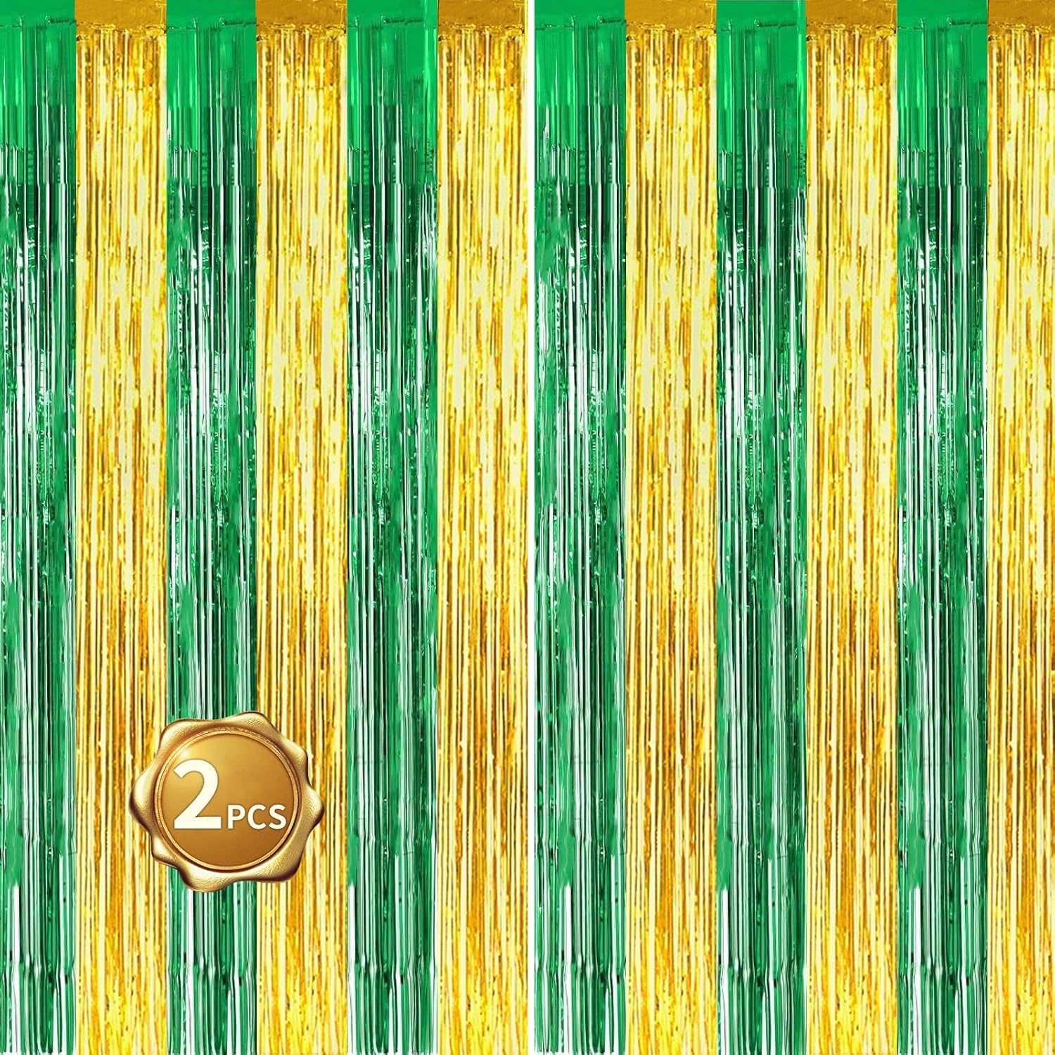 RIBBOOO 2 Pcs Green Gold Foil Fringe Tinsel Curtains, Metallic Glitter Curtain, Door Streamers for Graduation Stage, Birthday Wedding Baby Shower, Christmas Party Decoration (3.28 ft x 6.56 ft)