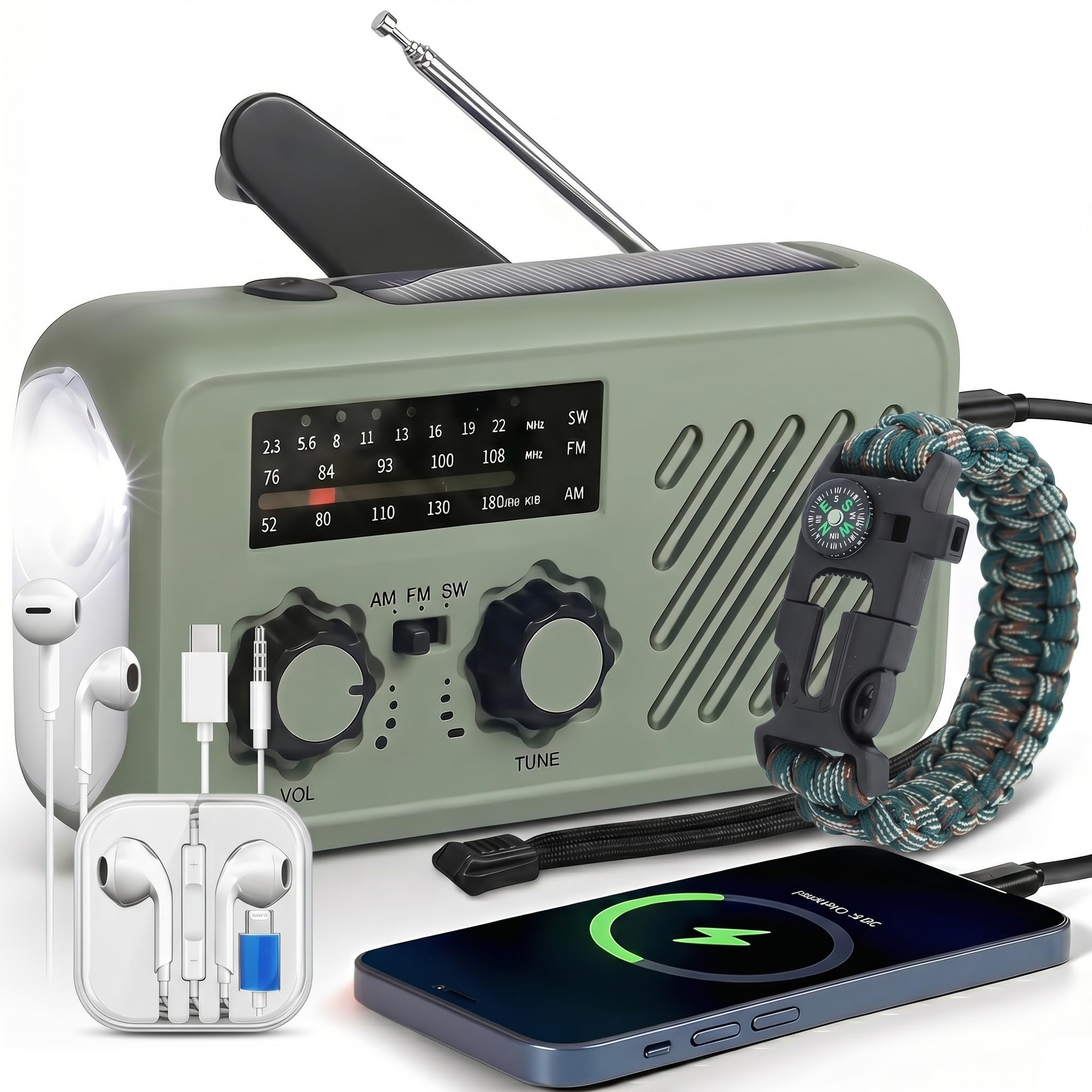 Radio di Sopravvivenza, Ricarica Tripla (Manovella/Solare/USB), Batteria 2000mAh Powerbank, SOS, Torcia LED - Kit Completo con Cinturino & Cuffie per Campeggio, Escursionismo, Emergenza