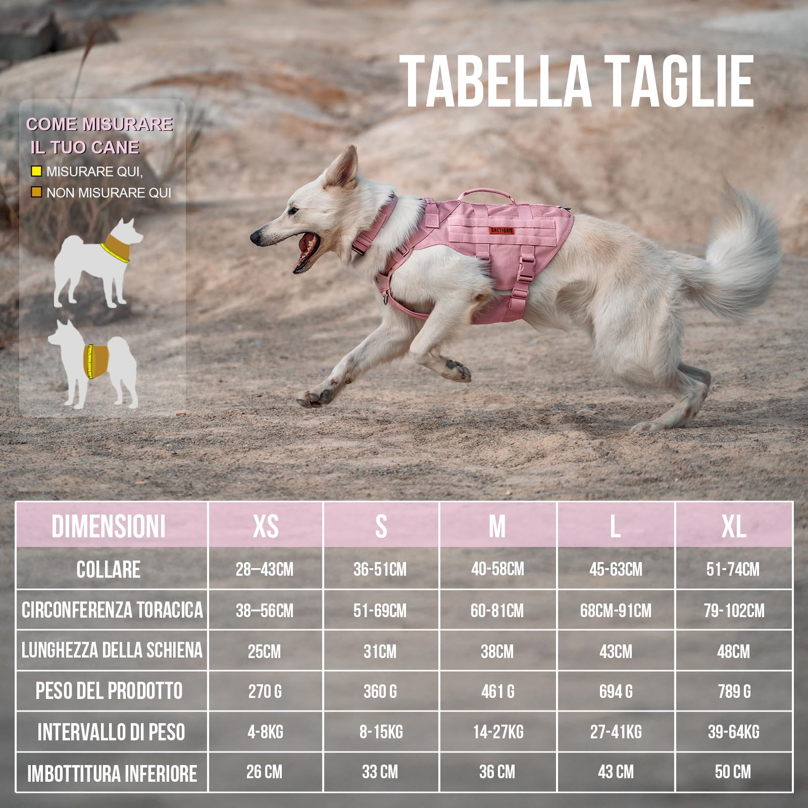 OneTigris Imbracatura No-Pull per Cani, AIRE MESH, Regolabile, Ultra Traspirante, per Grandi e Medie Dimensioni, Pettorina con 2 Manici (Lunghezza Rosa)