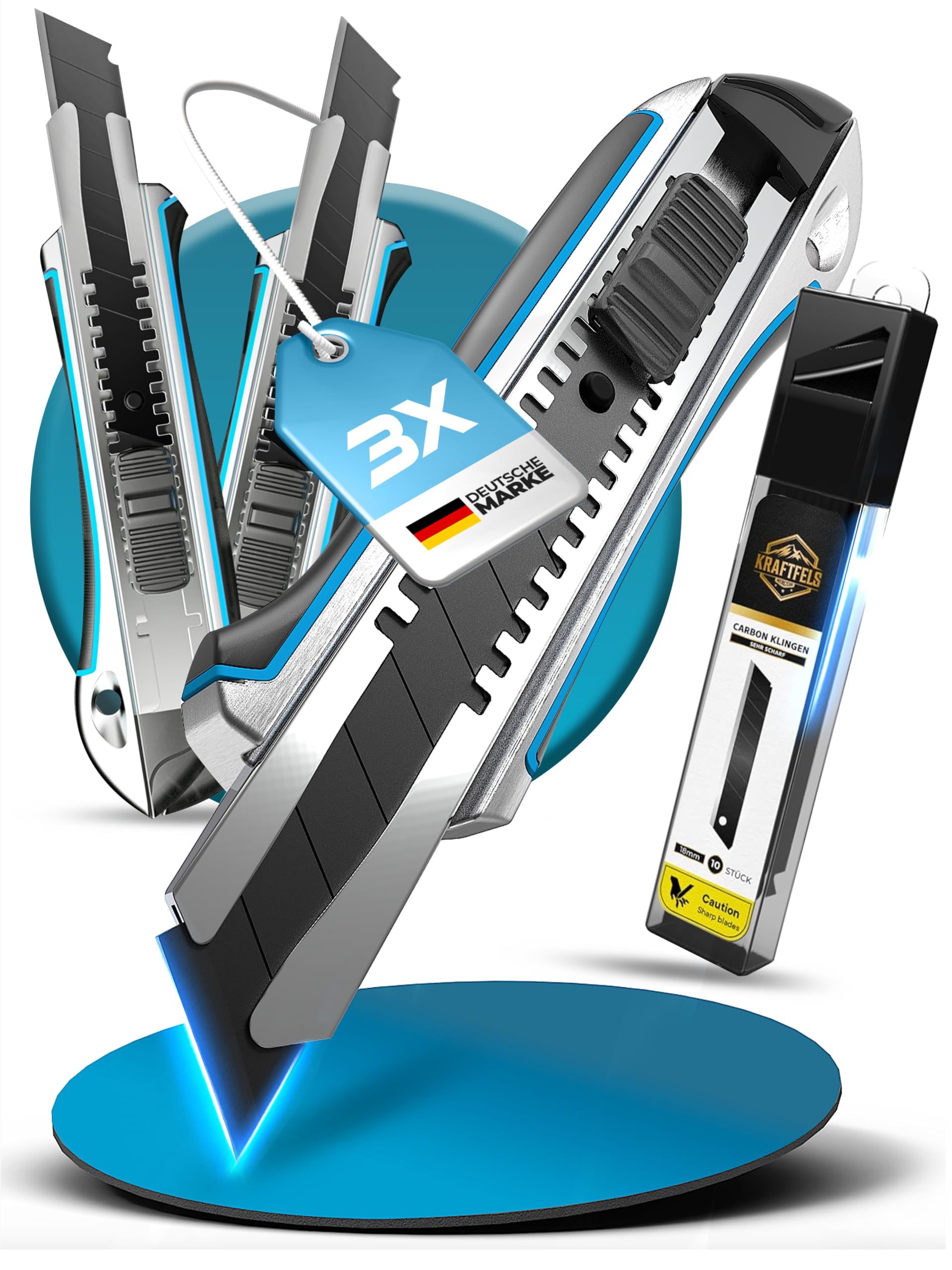 3 x Cuttermesser Profi Set (Alu Gehäuse) - inkl. 13x SK5 Carbonstahl Klingen 18mm extra scharf - Cuttermesser Set 18mm - Teppichmesser Profi - Cutter Messer - Kattermesser Metall - Tapetenmesser
