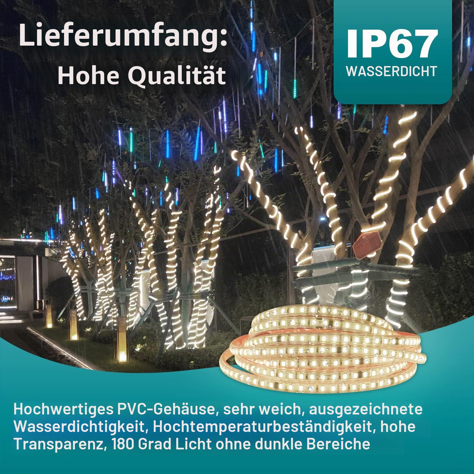 pcning LED Streifen 230V Direktanschluss 10M Warmweiss, Sehr Hell LED Strip Selbstklebend mit Schalter 10 Meter IP67 Wasserdicht Lichtstrip (Warmweiß, 10M)