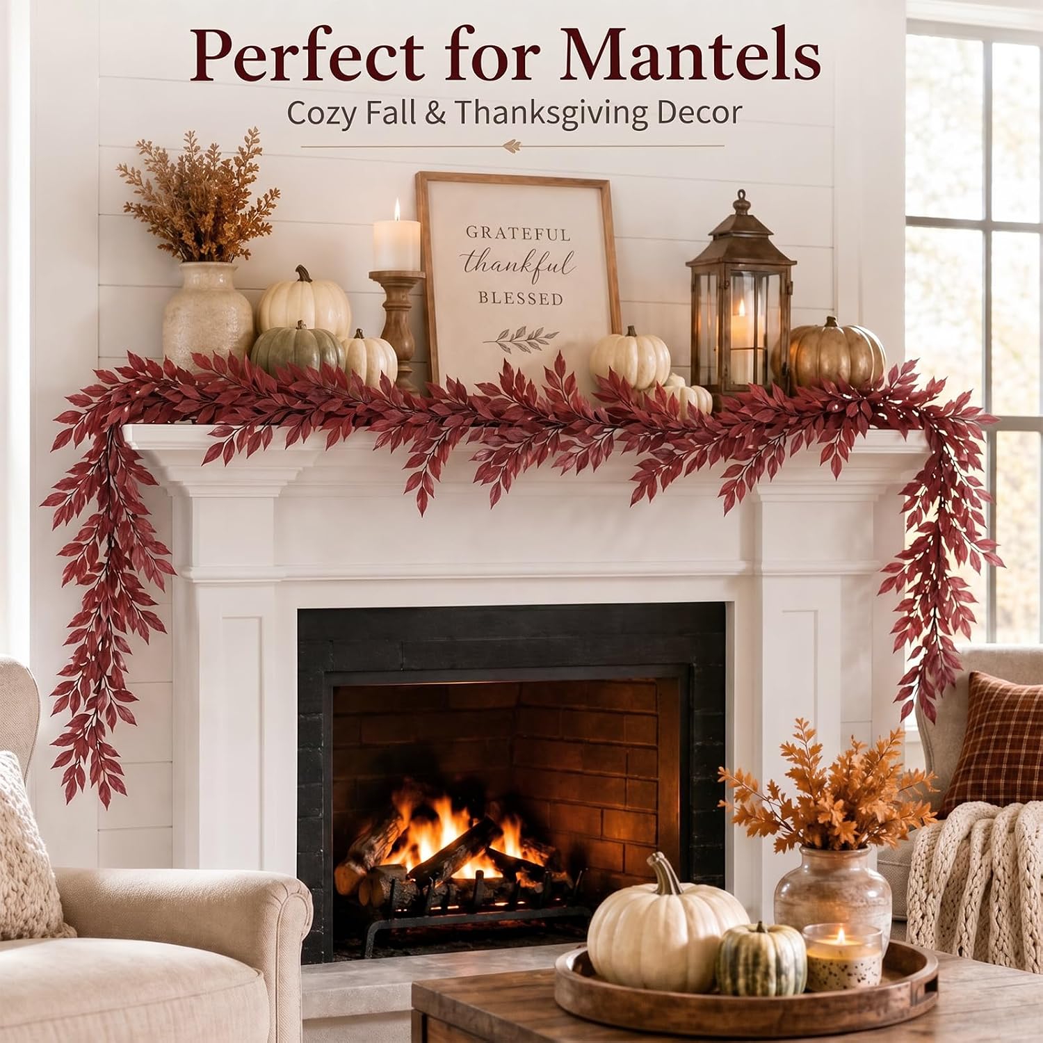 Fall Garland for Mantel Burgundy Artificial Willow Leaves Vine Twig, 6FT