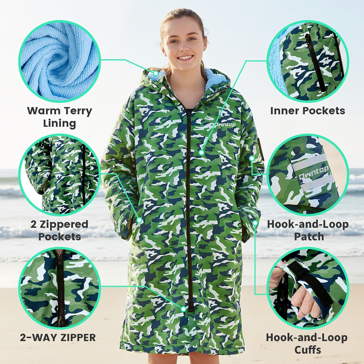 Owntop Swim Parka Kids Adult | Waterproof & Sherpa Lining | Velcro Arm Patch | Oversized Hooded Surf Poncho Changing Robe - Image 4