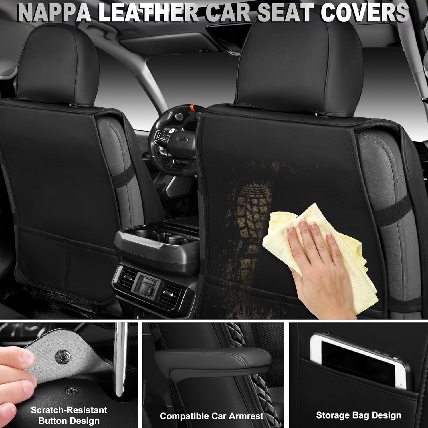 CAR PASS Nappa Leather Car Seat Covers Full Set, Luxury Seat Protector for Cars, Waterproof Anti-Slip PU Seat Cushion Airbag Armrest Compatible Universal for Sedan SUV Pick-up Truck Auto, All Black