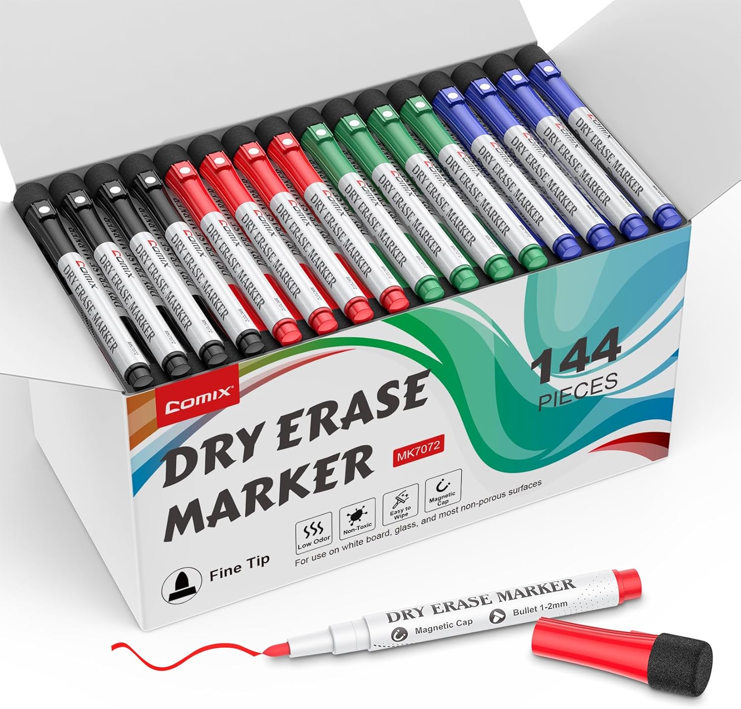 Comix Magnetic Dry Erase Markers, 4 Colors, 4 Sets of 36 Markers, 144 Markers Total, Fine Tip Whiteboard Markers for Teachers School & Office Supplies
