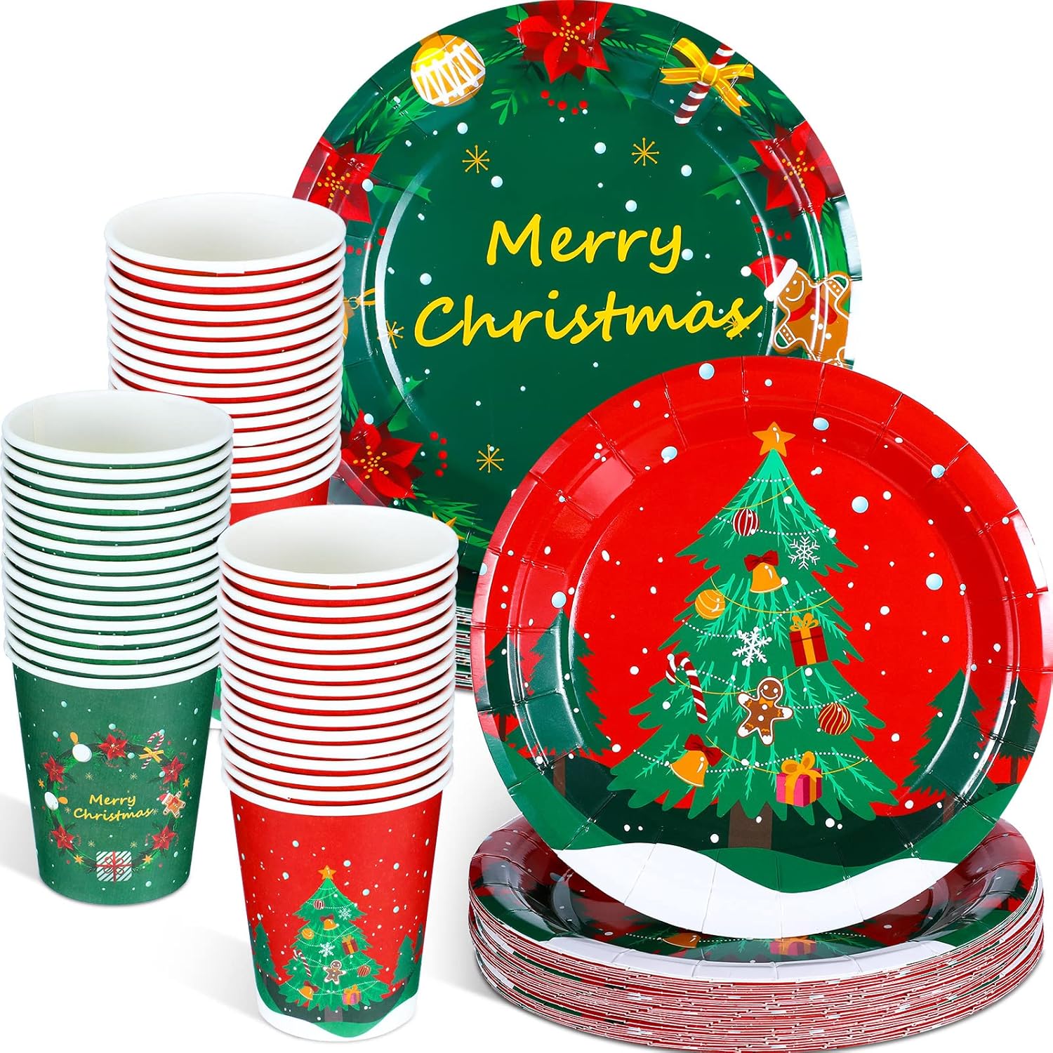 64 Pcs Christmas Paper Plates and Christmas Cups Set Include 32 Pcs 7 Inch Round