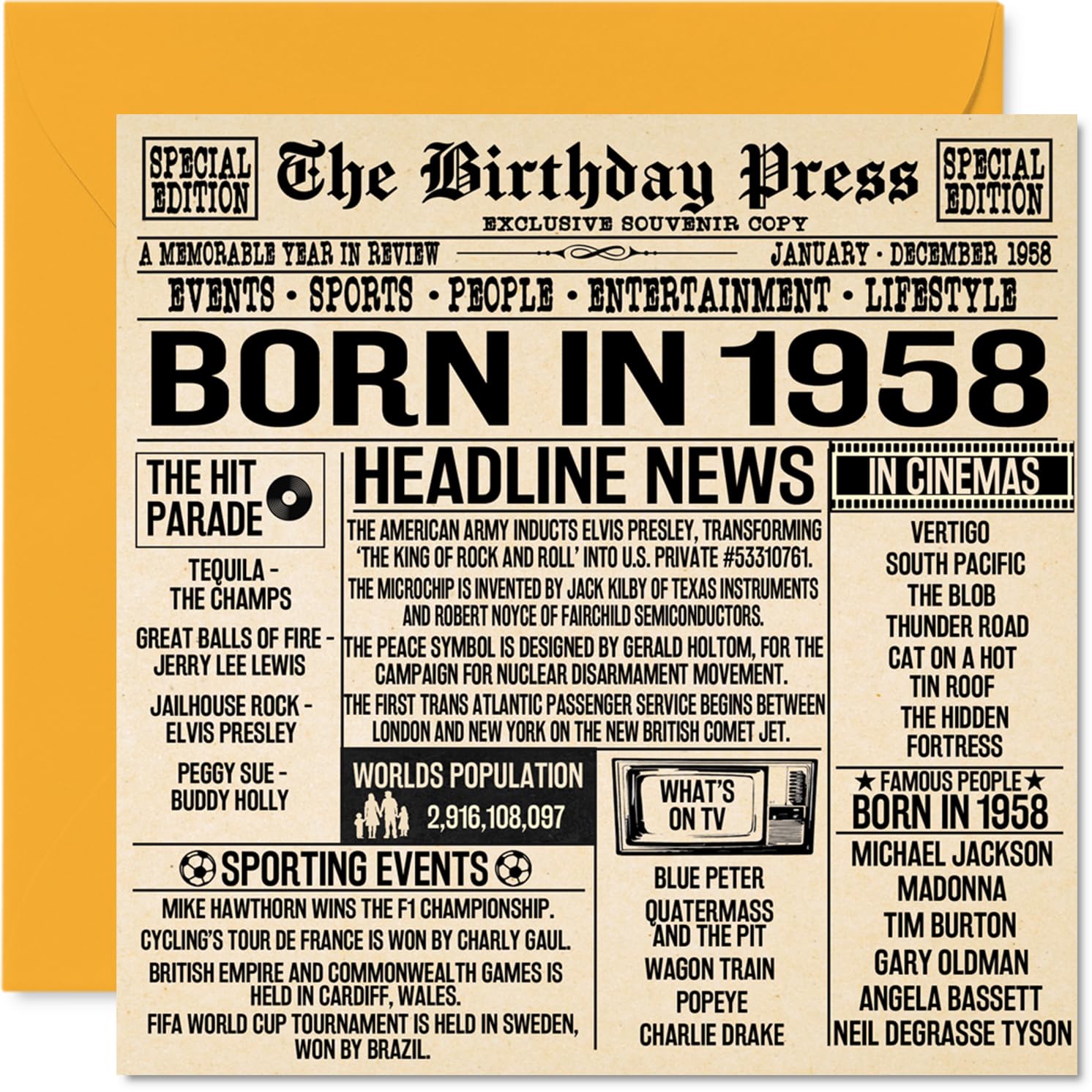 68th Birthday Cards for Men Women - Born In 1958 Newspaper - Happy 68 Birthday Card for Grandad Grandma Nan Vintage Retro Back In 1958, 145mm Bday Greeting Cards