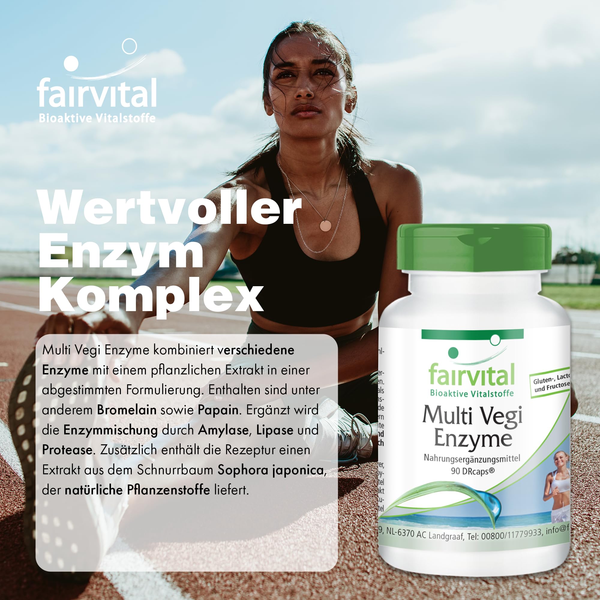 fairvital Multi Vegi Enzyme, 90 Kapseln, 100% pflanzlicher Enzymkomplex mit Bromelain + Papain + Amylase + Lipase + Lipase + Protease + Rutin, für eine zeitverzögerte Freisetzung