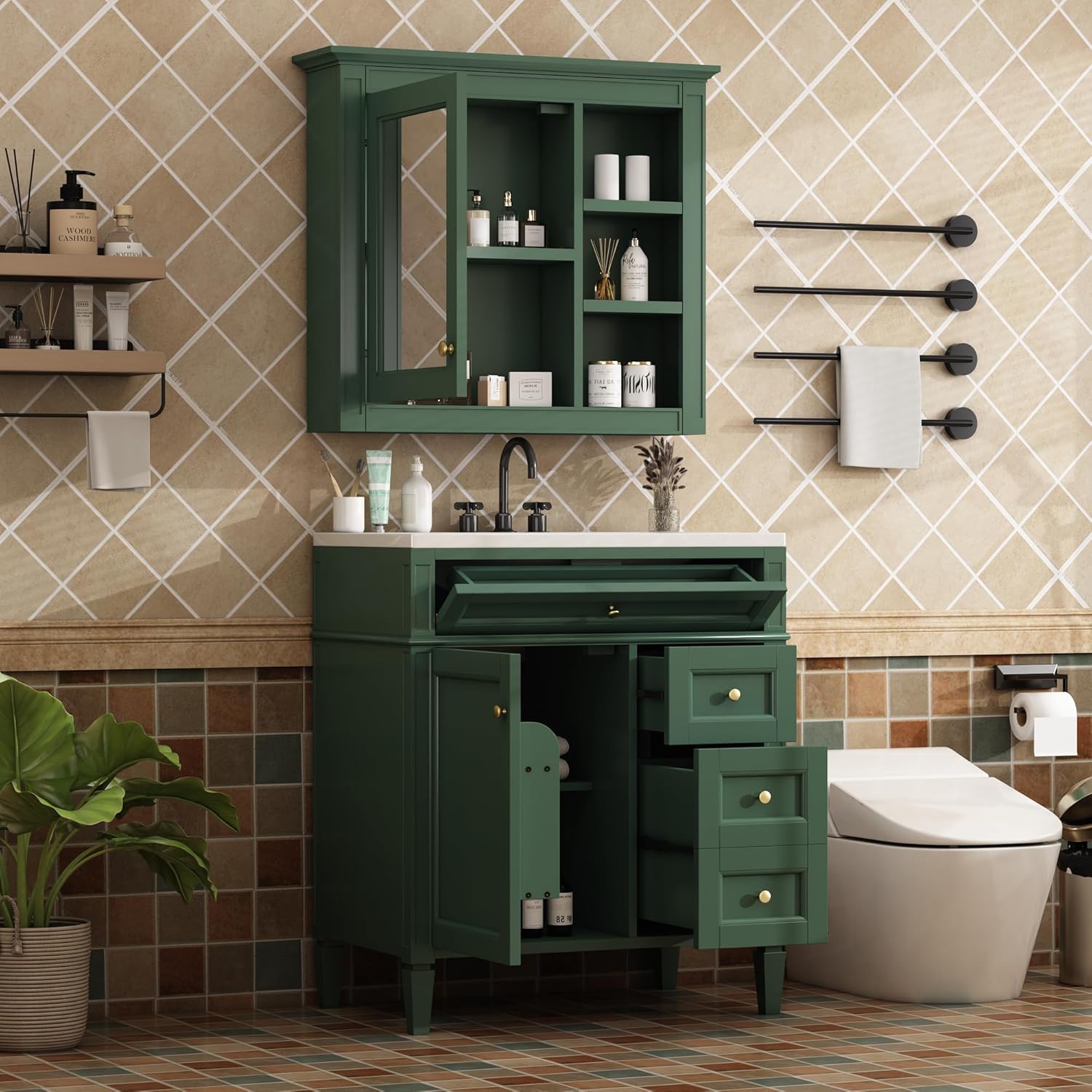 Bathroom Vanity,30'' Modern Bathrooms Vanitys w/Top Sink,Storage Cabinet with 2 Drawers & Tip-Out Drawer, Freestanding Set Mirror Cabinets,Space-Saving Single Sinks Organizer,Narrow Shelves,Green
