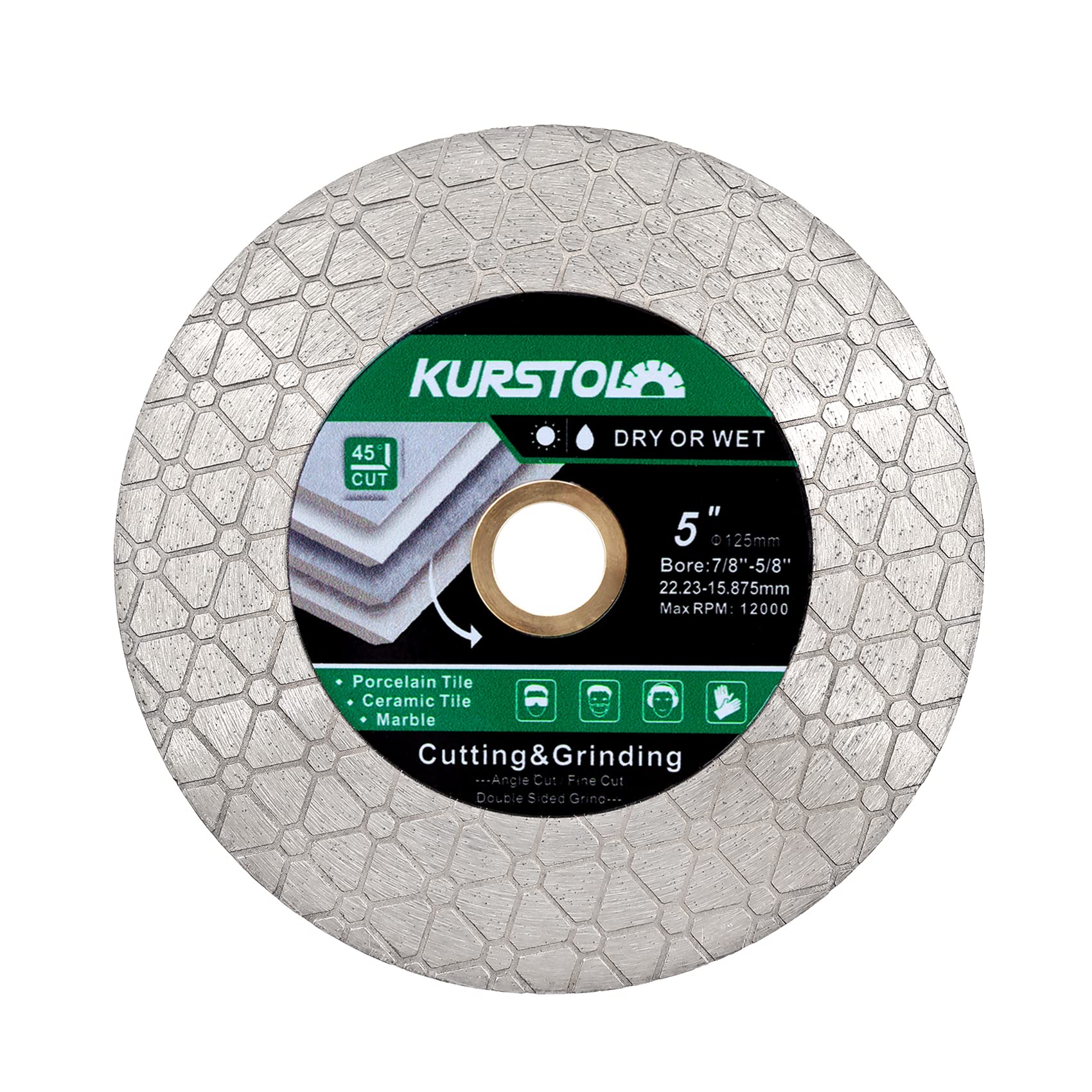KURSTOLDiamond Tile Cutting Disc - 5"/125mm Dual-Purpose Diamond Cutting Wheel for Cutting and Grinding Ceramic Tiles,Porcelain,Granite,Marble with Arbor 22.23-15.875mm