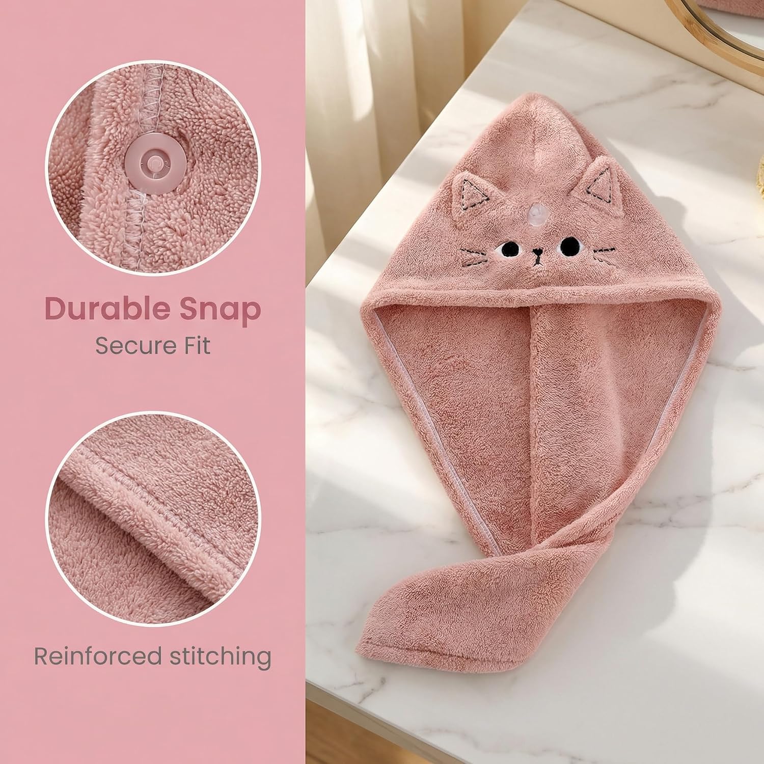 ARTIBETTER 3Pcs Cute Cat Hair Wrap Towels for Kids, Thickened Coral Fleece, Quick Dry Towel, Strong Water Absorption, Soft Shower Cap, Mixed Color for Bath & Household Daily Use