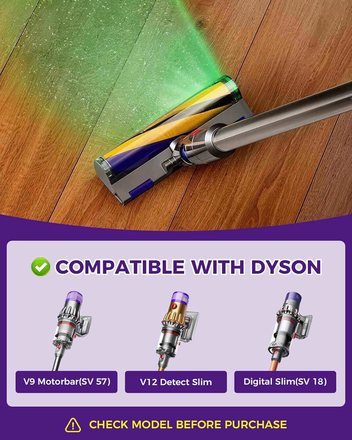 V12 V9 LED Fluffy Soft Roller Cleaner Head for Dyson V12 Detect Slim/V9 Motorbar/Digital Slim Replacement Parts, Hardwood Floor Attachment Dust Detect Green Light, Brush Accessories For Dyson V12 Slim